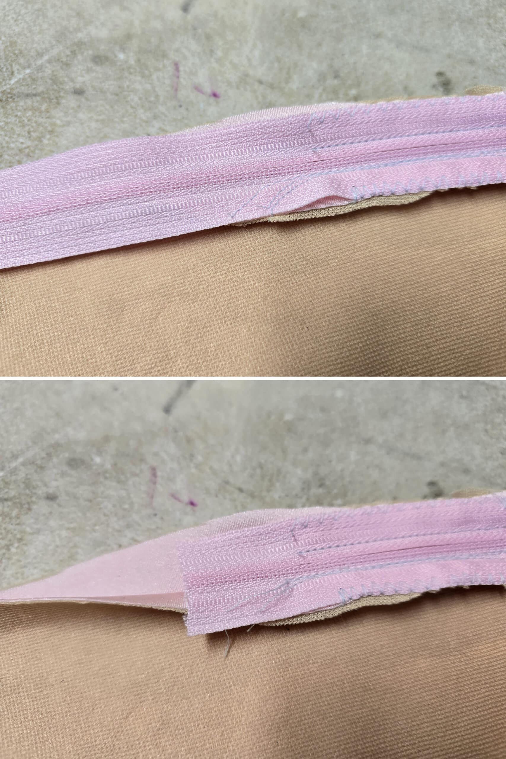 2 part image showing the loose bottom end of the zipper being trimmed off.