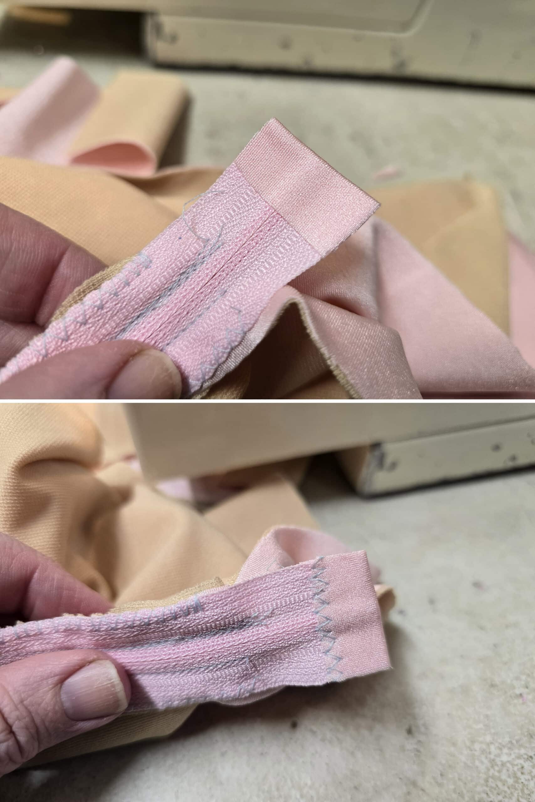 2 part image showing the end of the zipper being wrapped in pink spandex and stitched down.