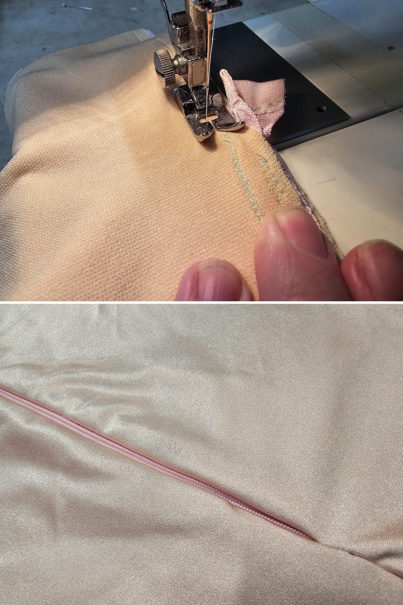 2 part image showing the bottom seam being stitched up to the zipper.