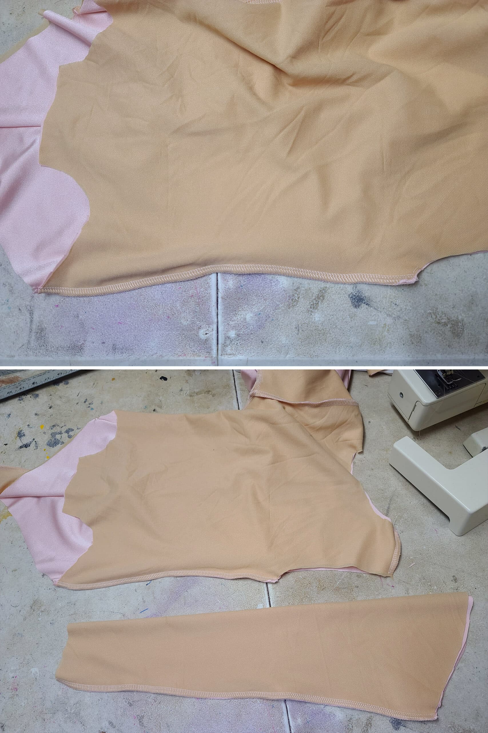 2 part image showing the side seam sewn on a bodysuit, then the sleeve seam sewn on a sleeve, separately.