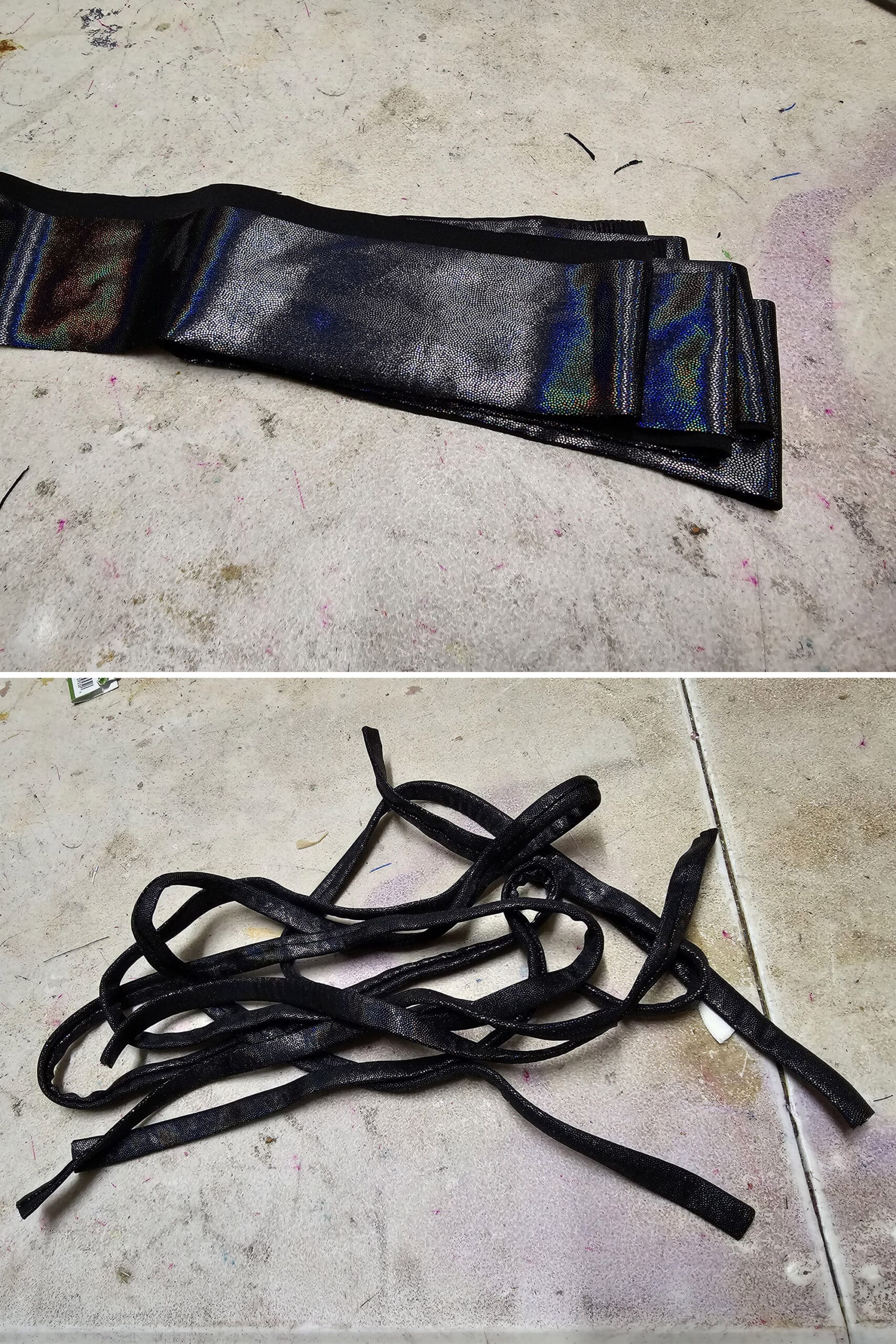 2 part image showing strips of shiny black spandex, and bikini strapping made from sewing those fabric strips around elastic.