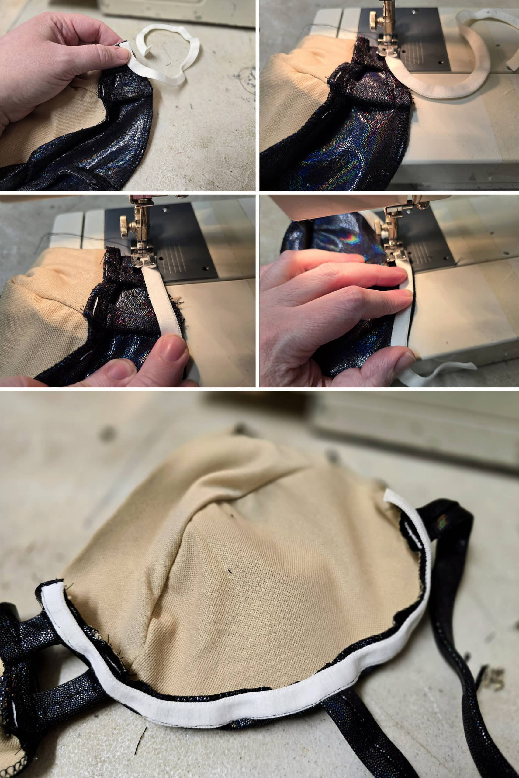 5 part image showing underwire channeling being sewn onto the first bikini bra cup.