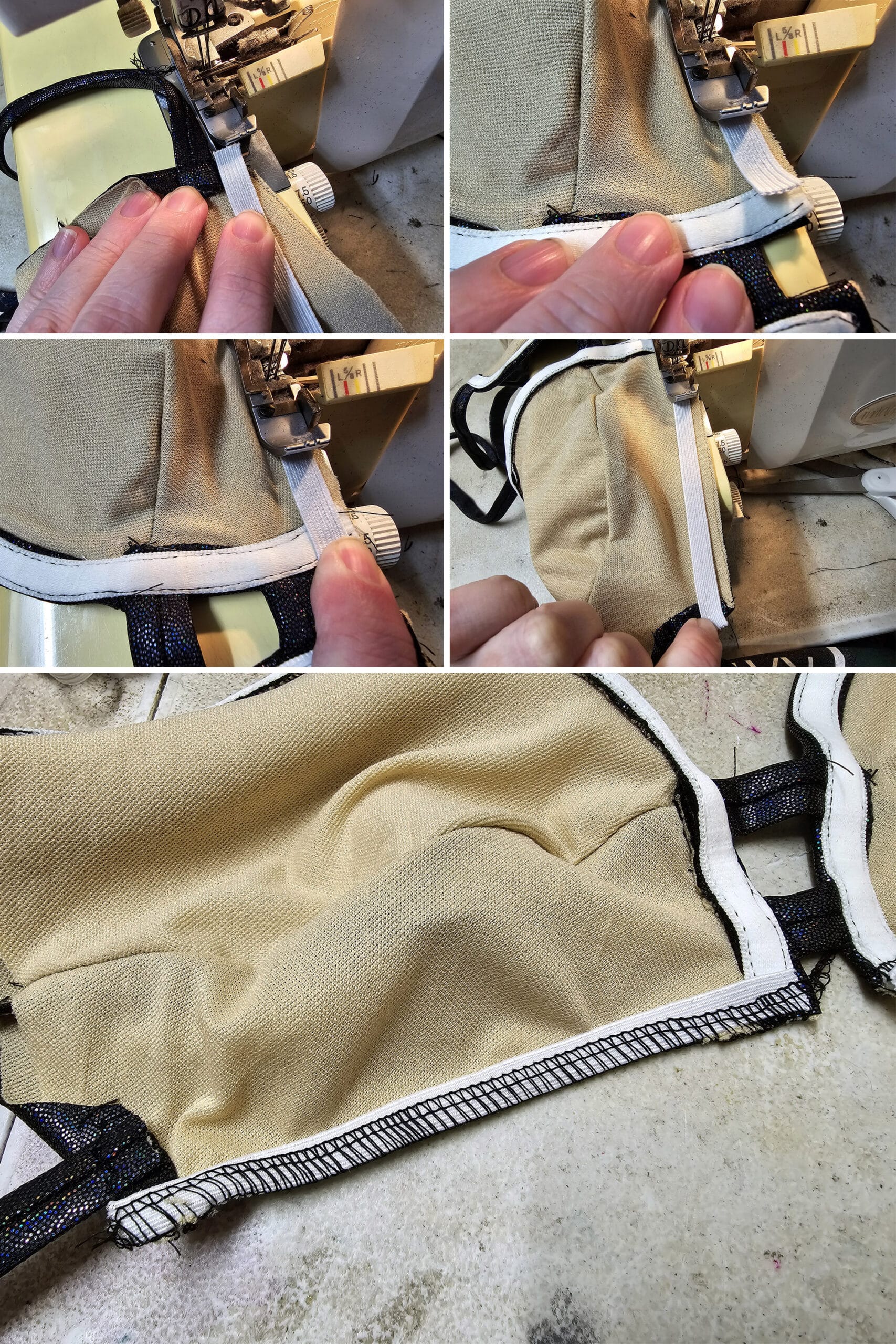 5 part image showing elastic being sewn across the tops of the bikini bra cups.