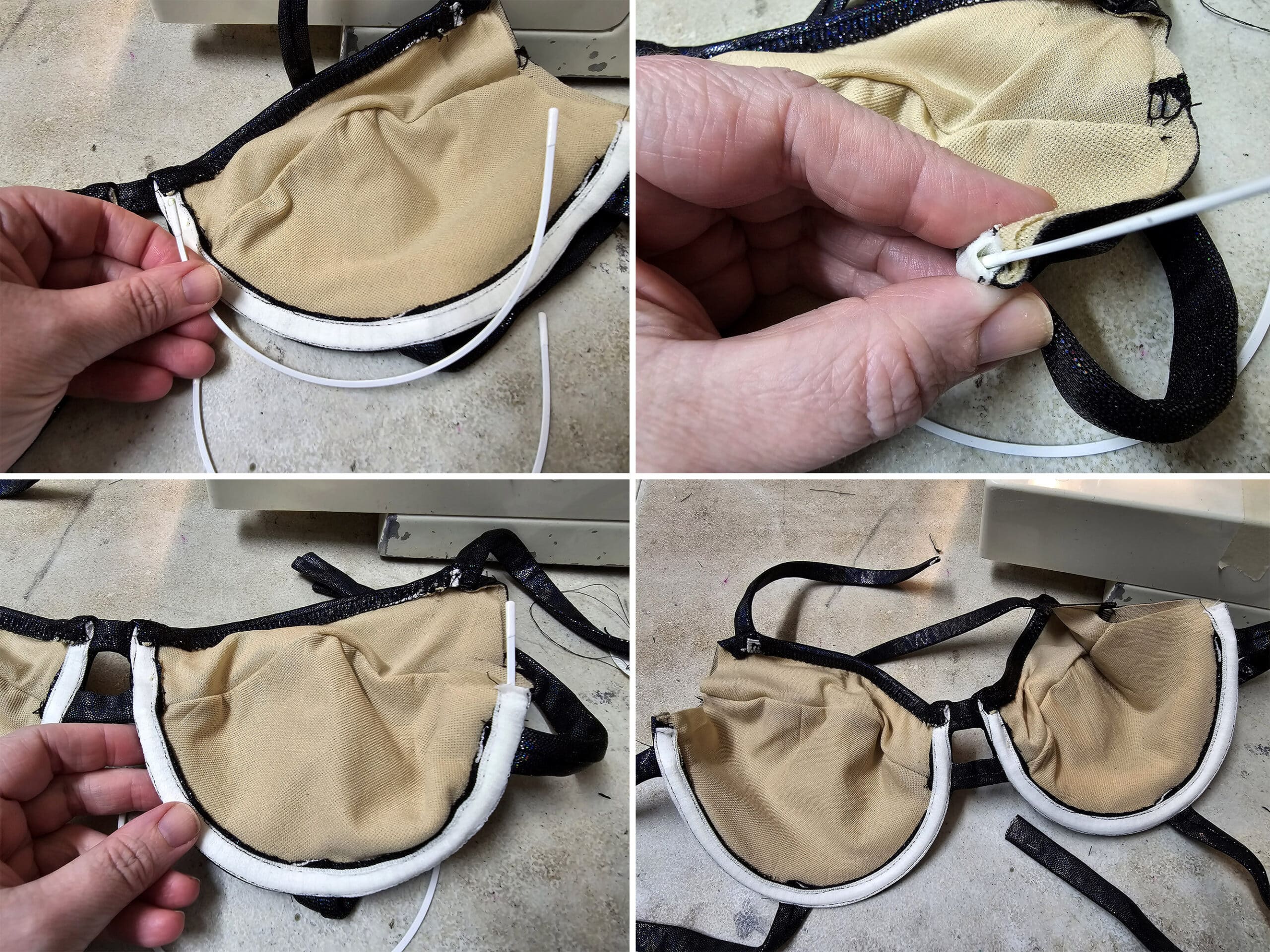 4 part image showing the underwire being inserted into the bikini cups.