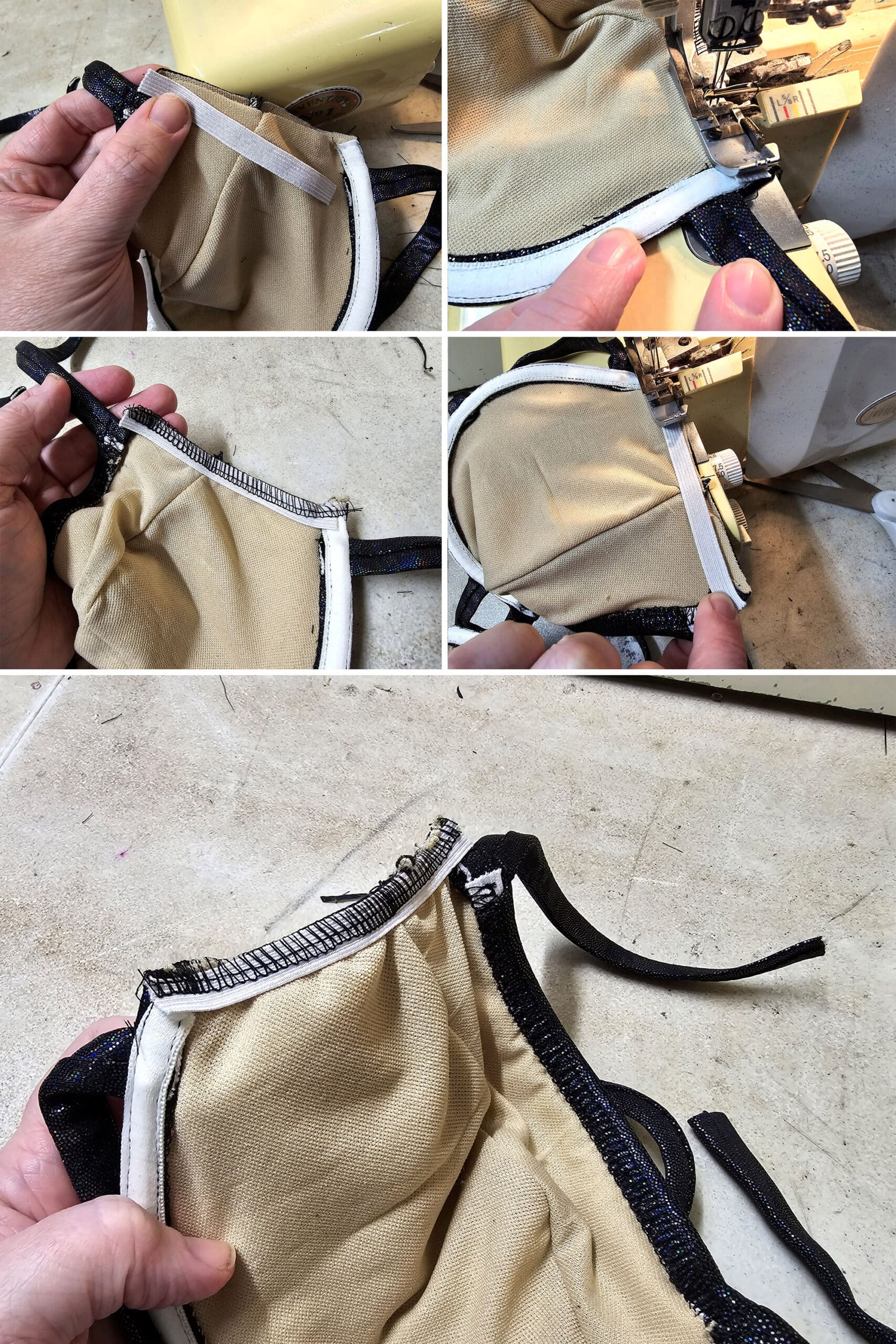 5 part image showing elastic being sewn to the outer edge of a bikini bra cup.