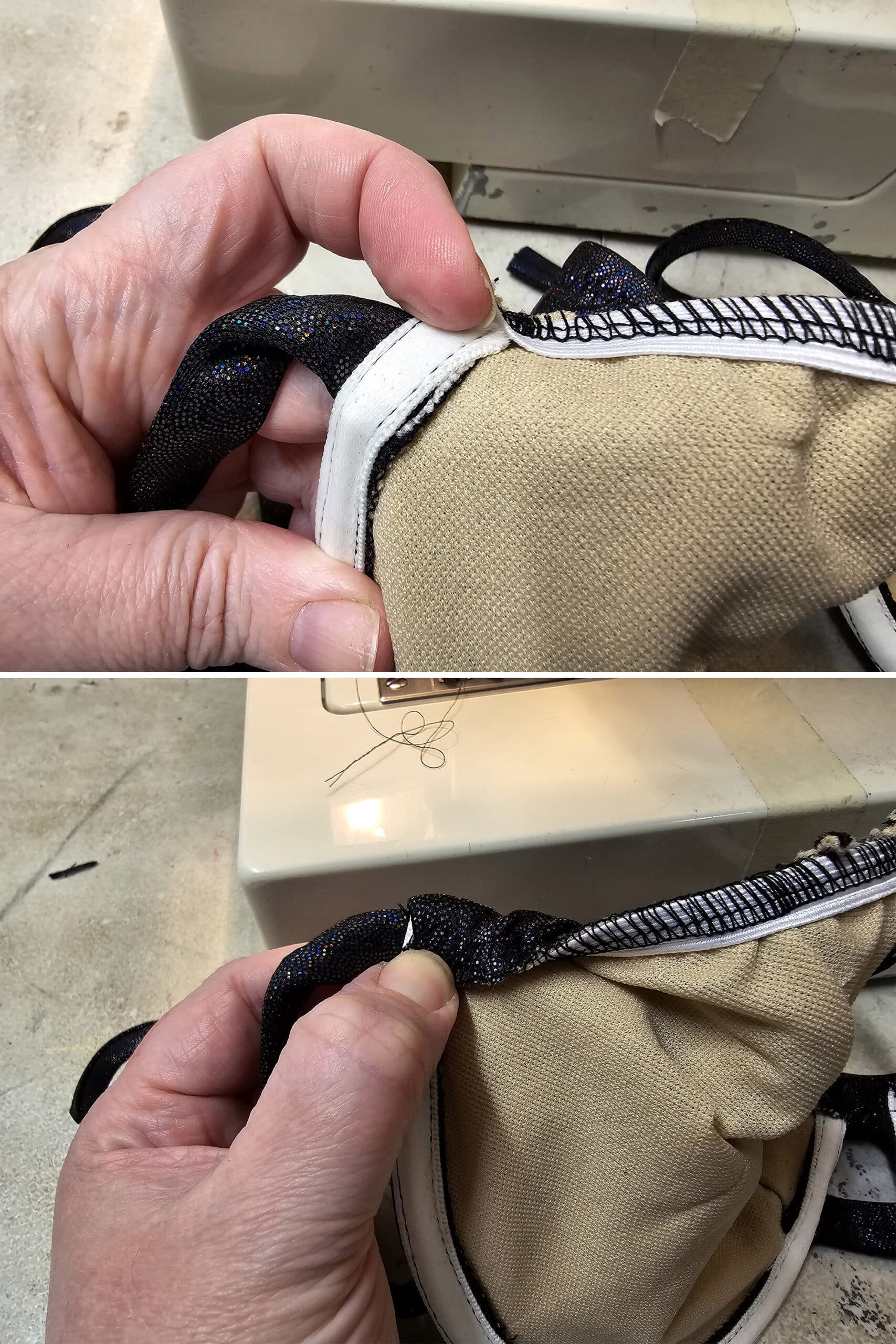 2 part image showing the elastic being pulled down over the upper edge of an underwire casing and held in place.