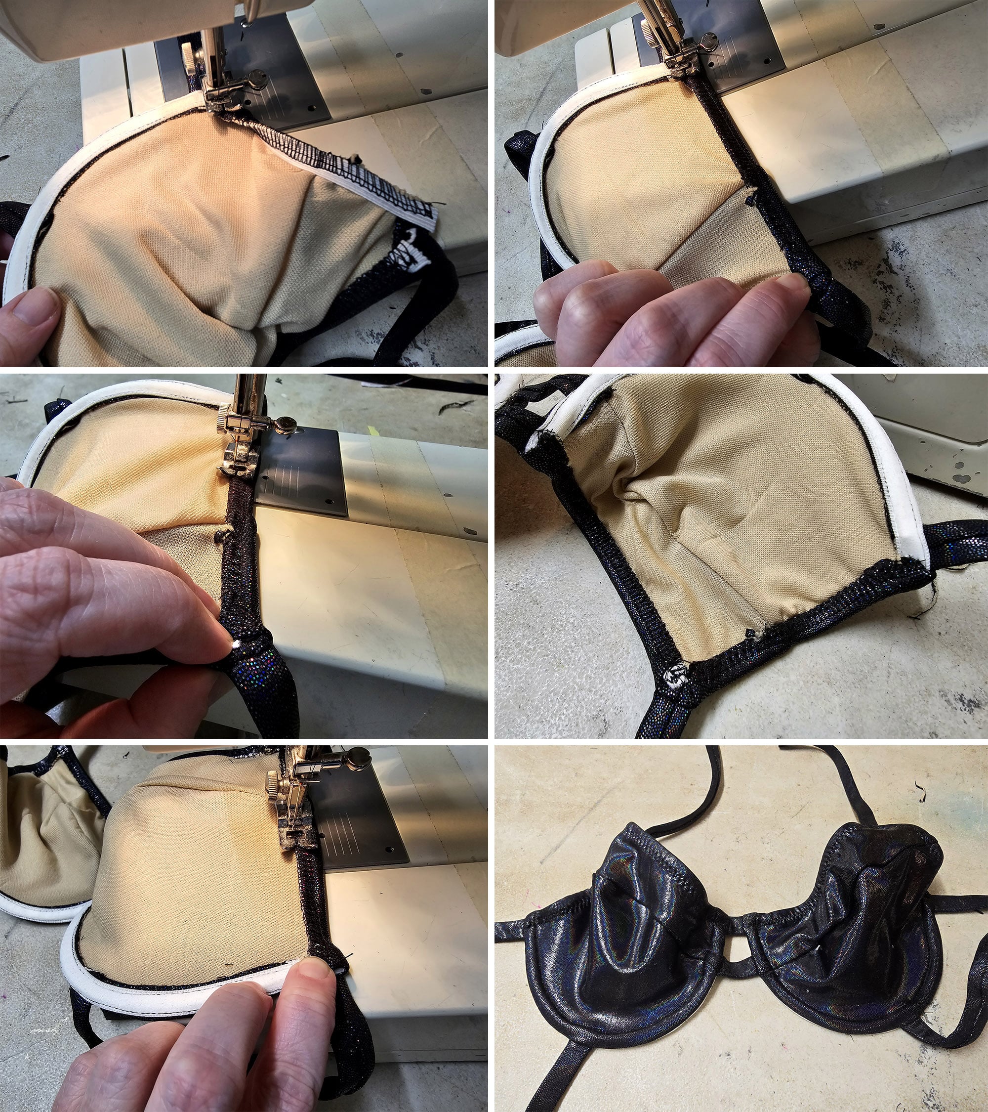 5 part image showing the elastic section on the outside of the bra cup being stitched down with a zig zag.