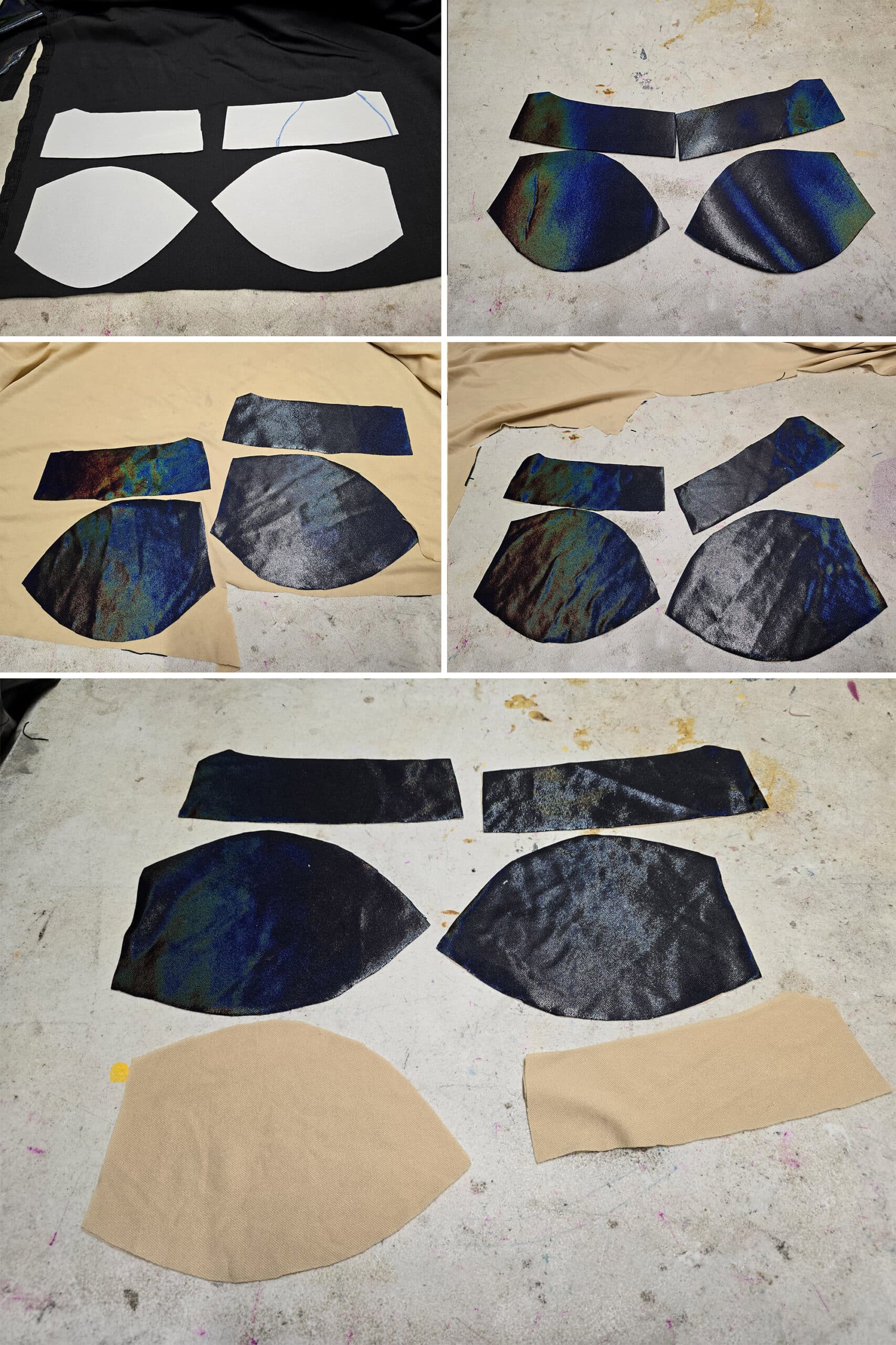 5 part image showing bikini bra cup pieces being cut from lining, spandex, and bra foam