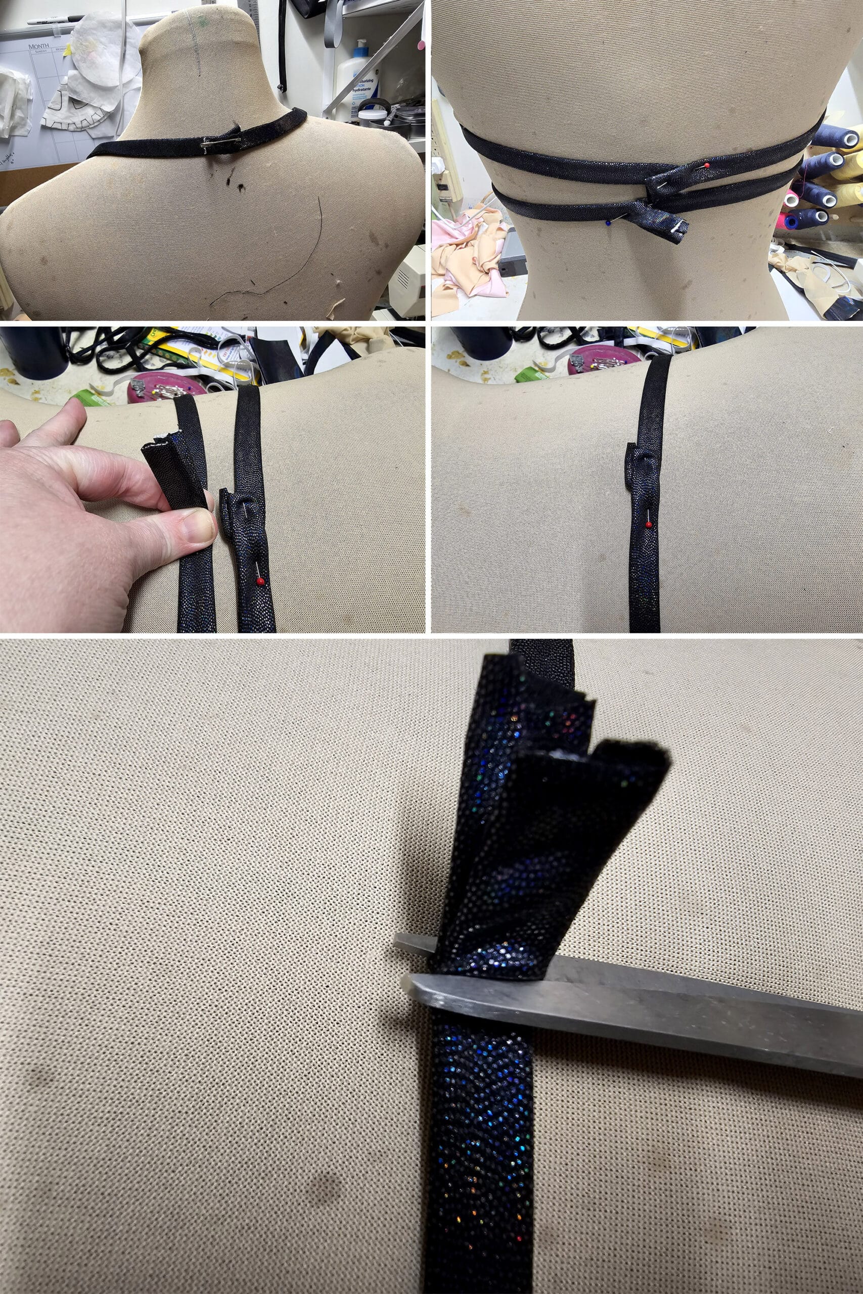 5 part image showing the bikini being tried on a dress form, the straps pinned for length, and cut to measure.