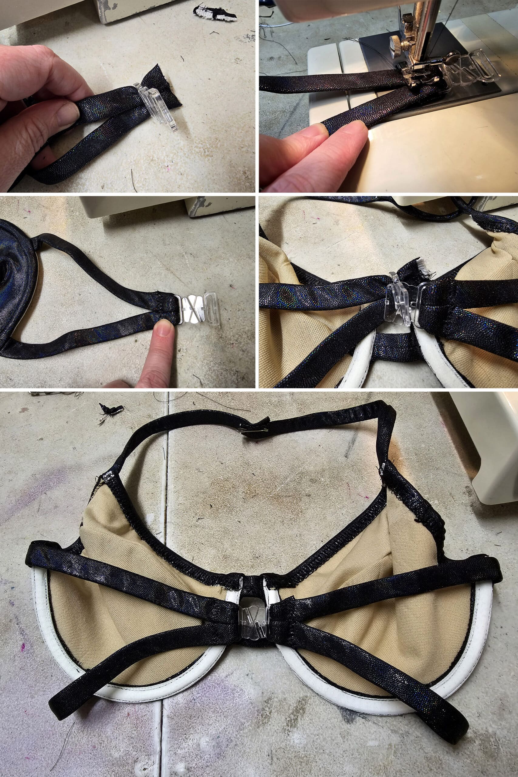 5 part image showing the butterfly clip being sewn into the bikini top.