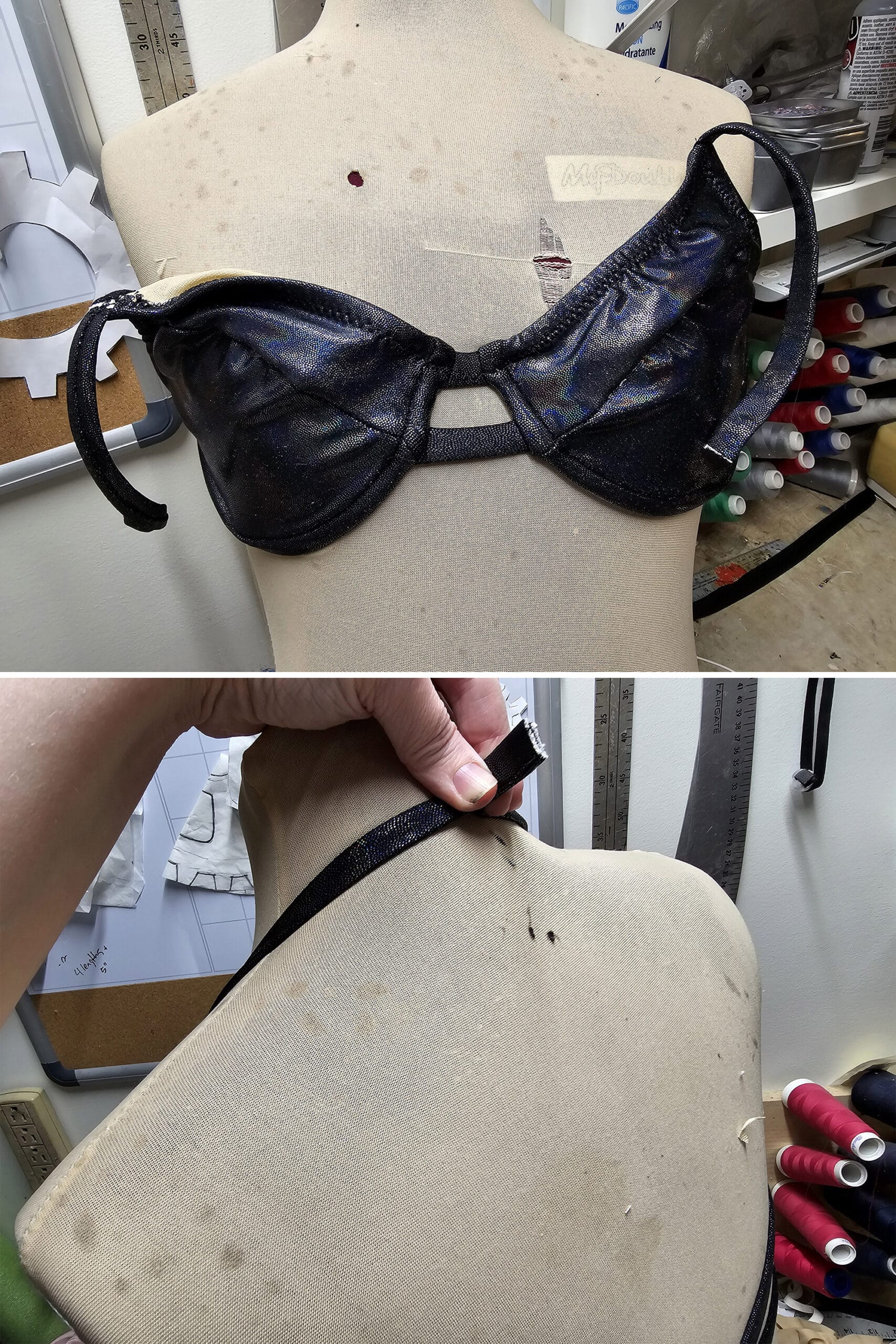 2 part image showing the bikini top on a dress form, with the neck straps being held on for measurement.