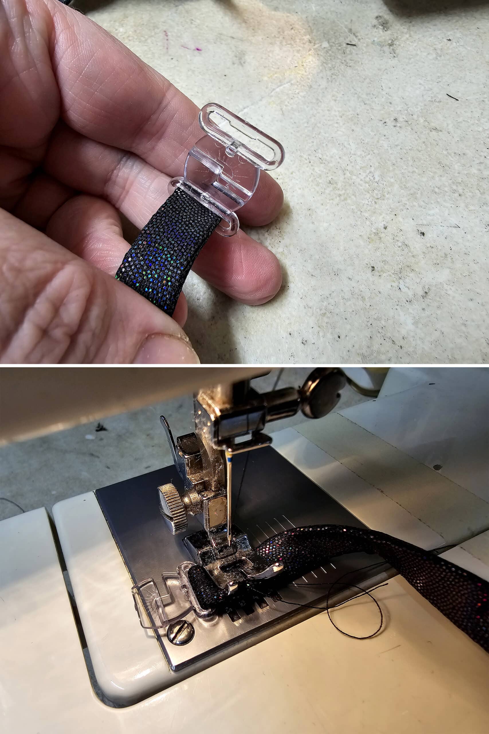 2 part image showing the small butterfly clip being sewn into the halter neck straps.