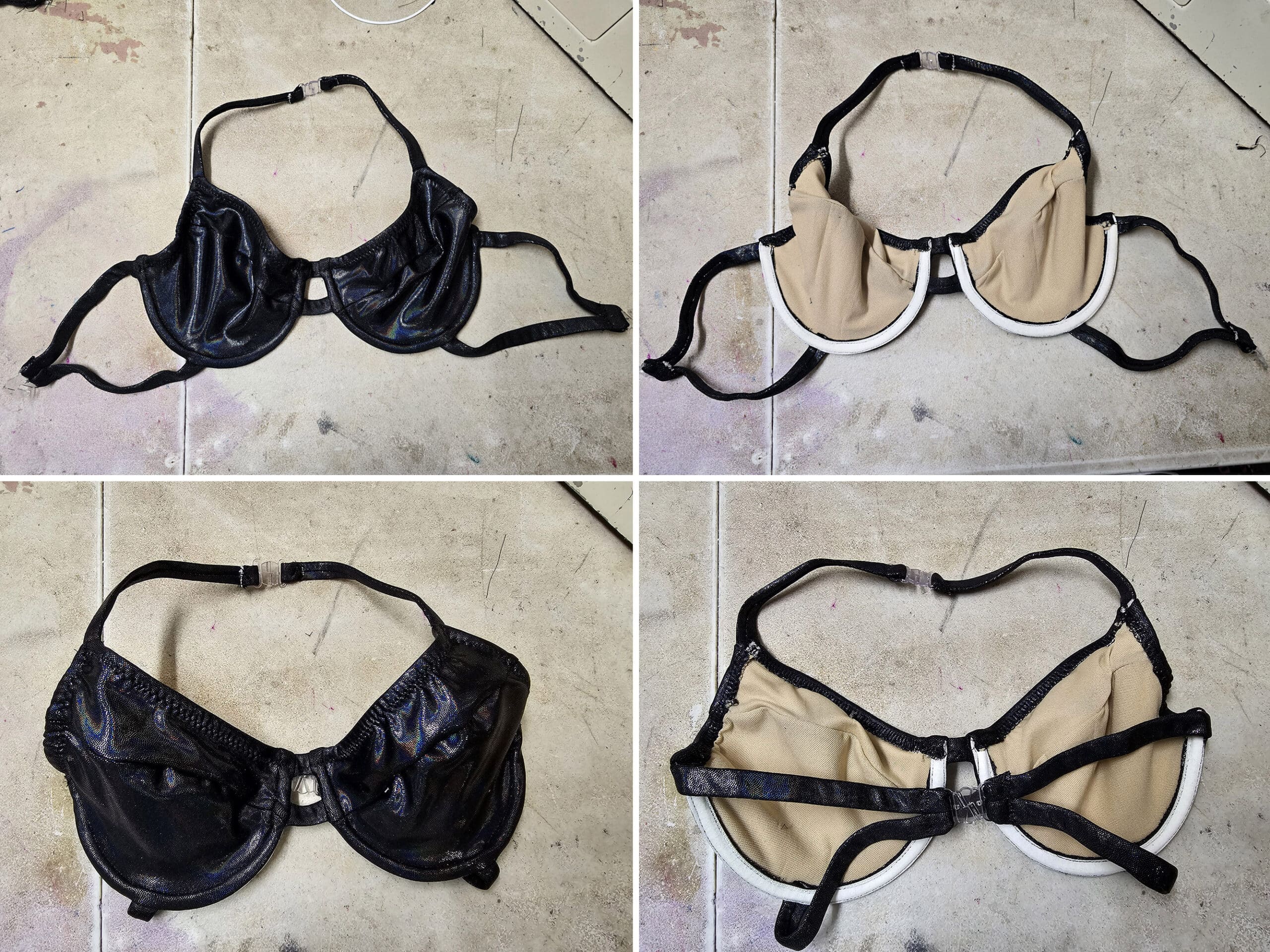 4 part image showing the finished strappy underwire bikini top, inside and out, done up and open.