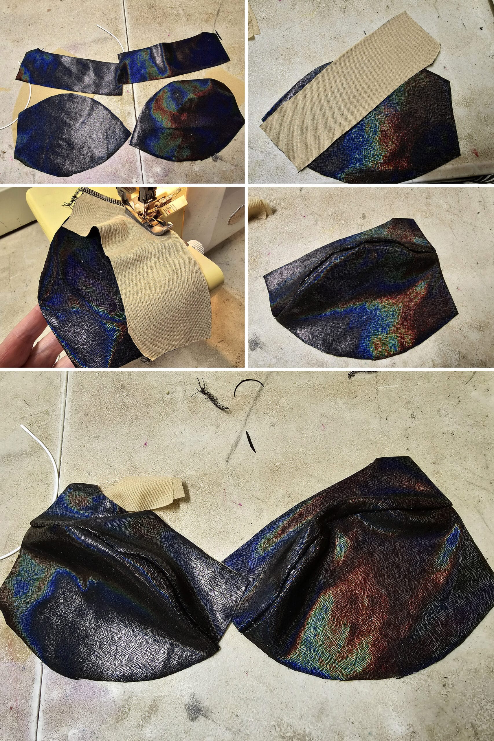 5 part image showing the outer bra cup pieces laid out, lined up, and with the top pieces sewn to the bottom pieces.