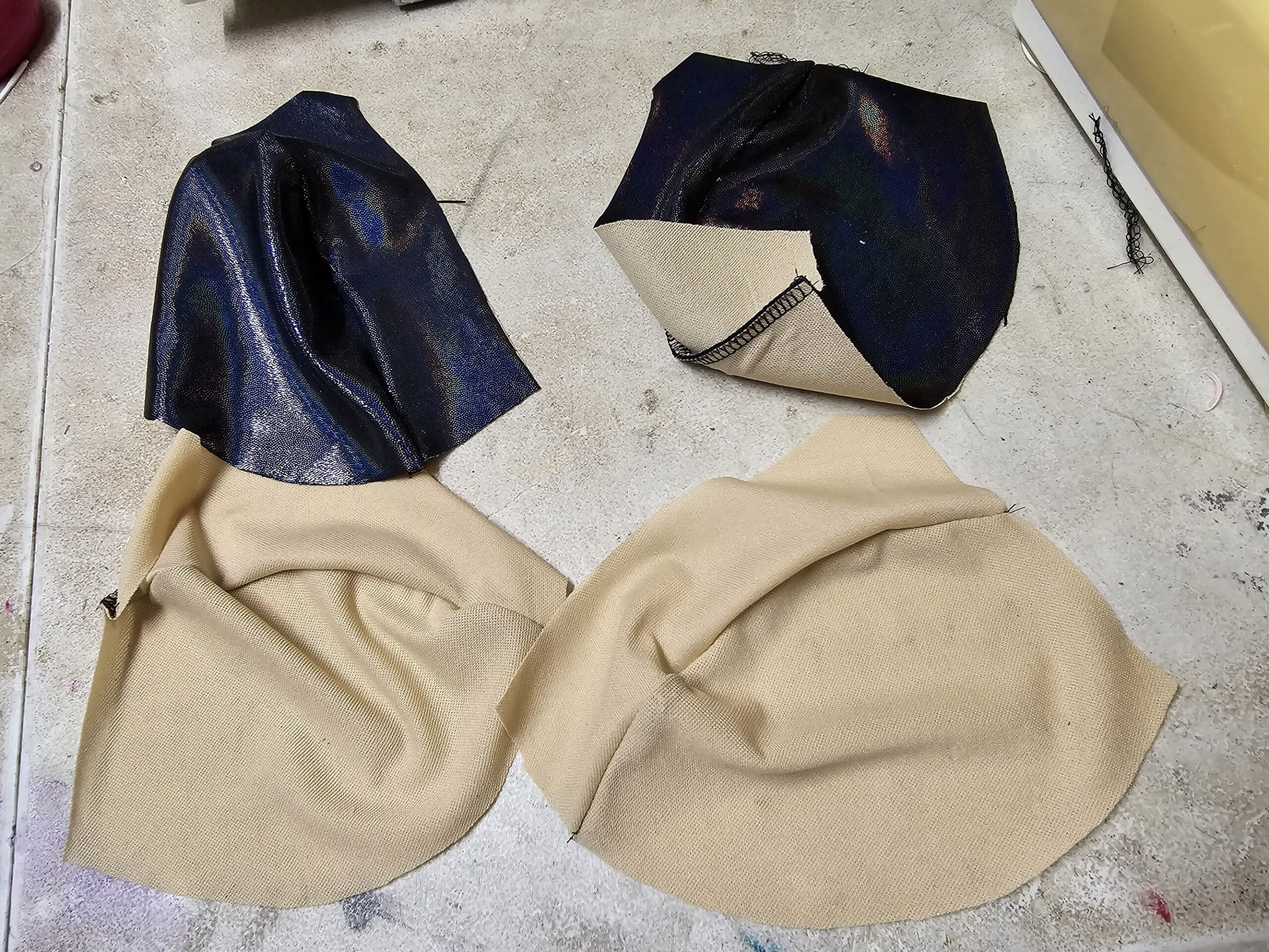 The outer and lining pieces of the bra cups, sewn together.