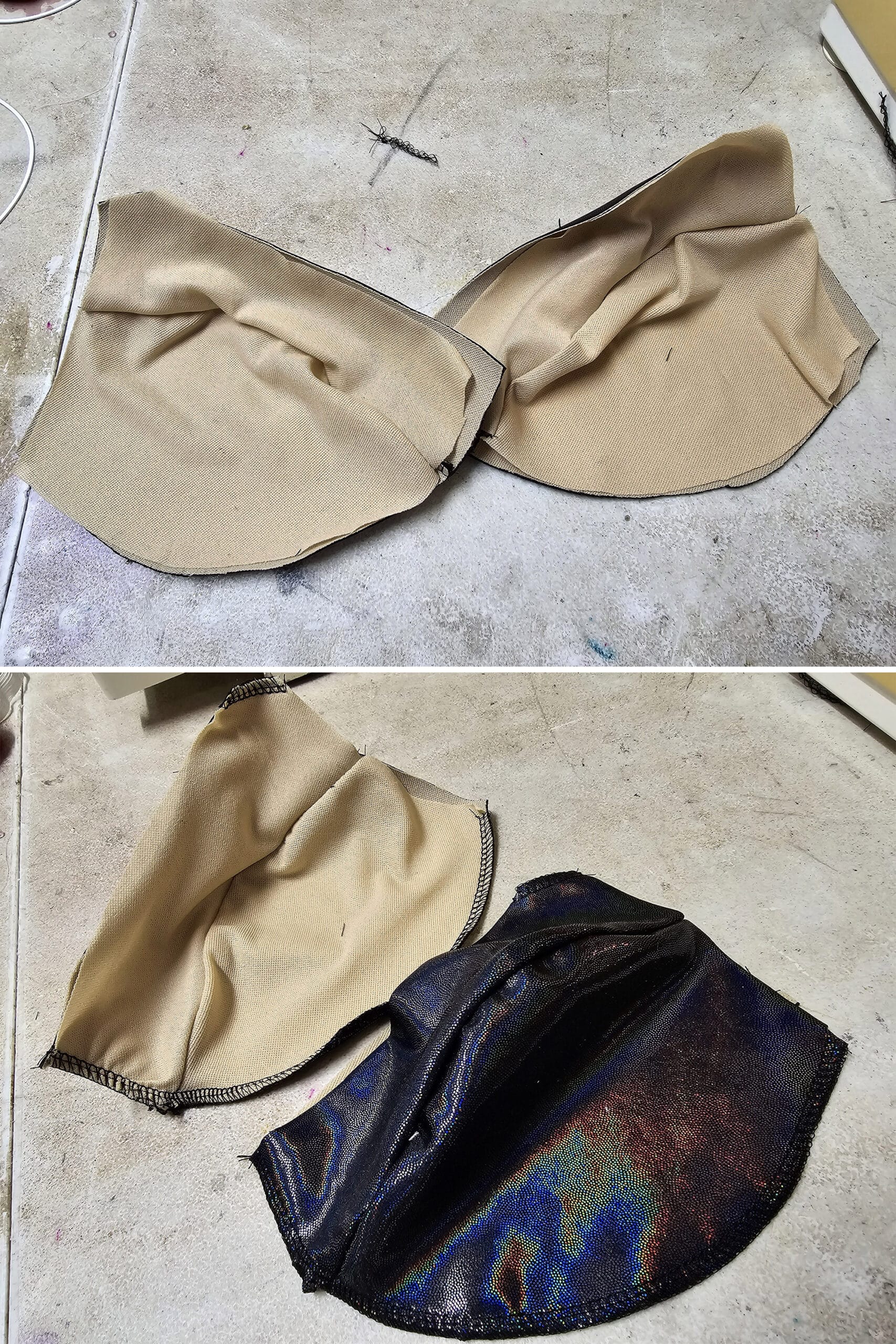 2 part image showing the bra cups with the lining sewn on.