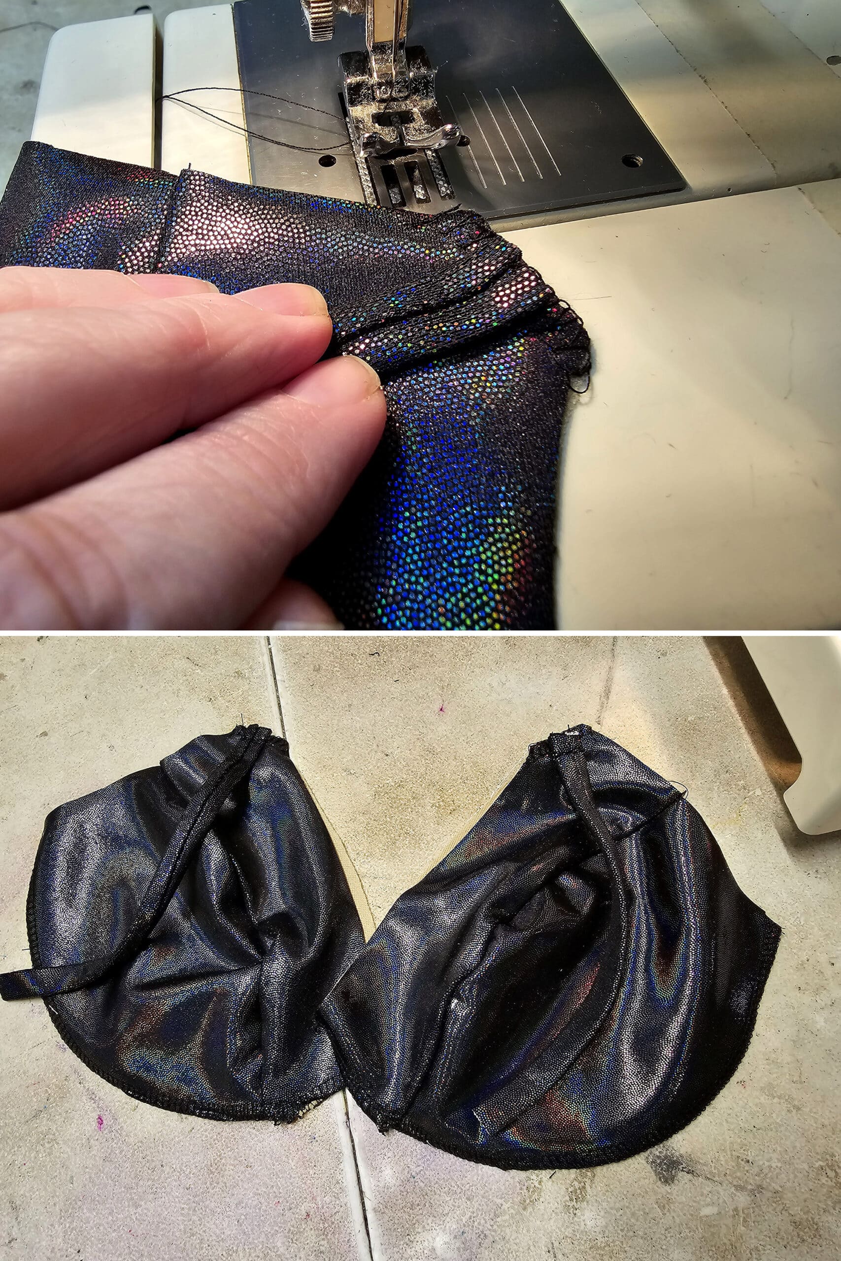 2 part image showing the shoulder straps being sewn onto the bra cups.