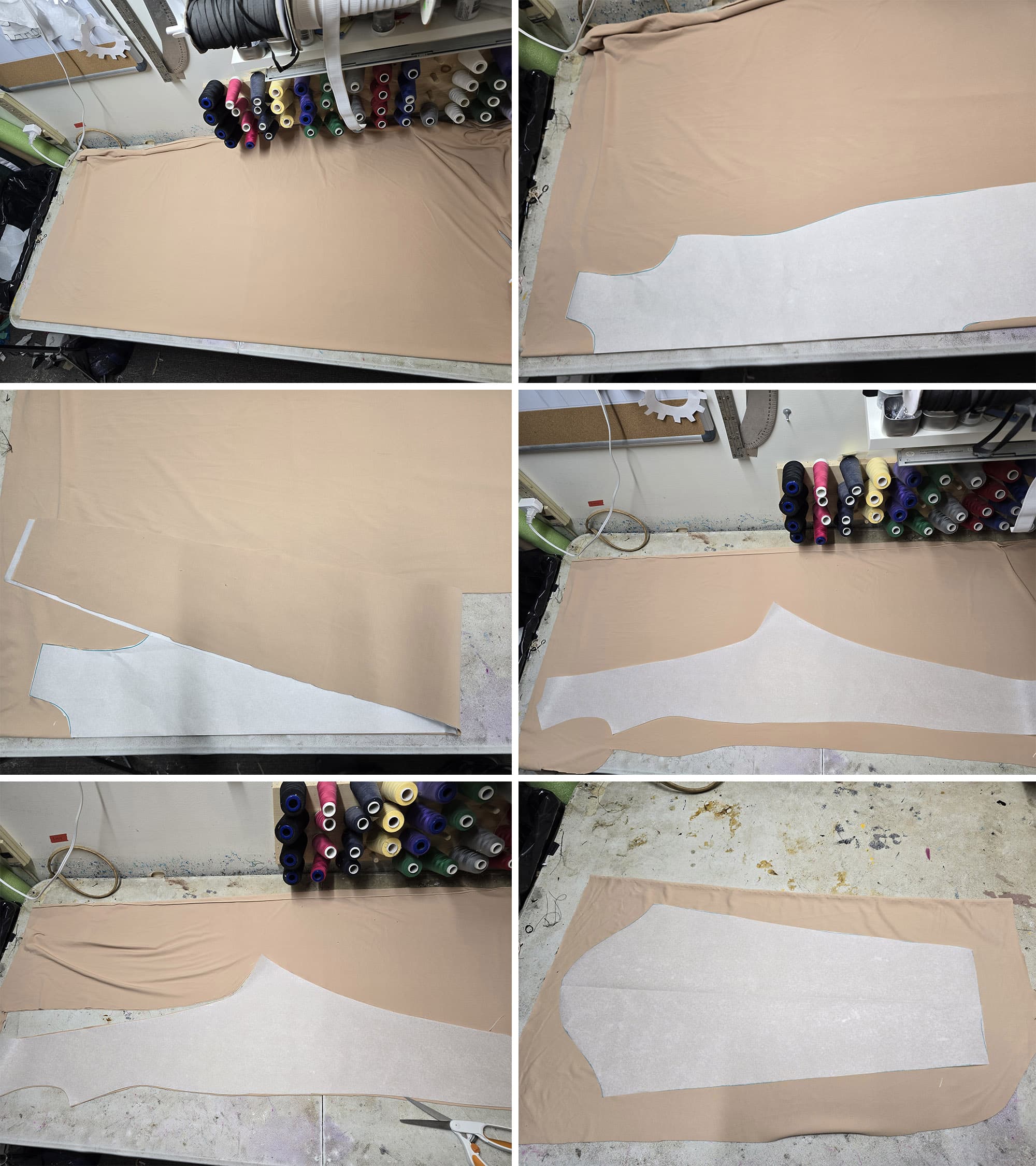 6 part image showing the bodysuit pieces being cut from lining.