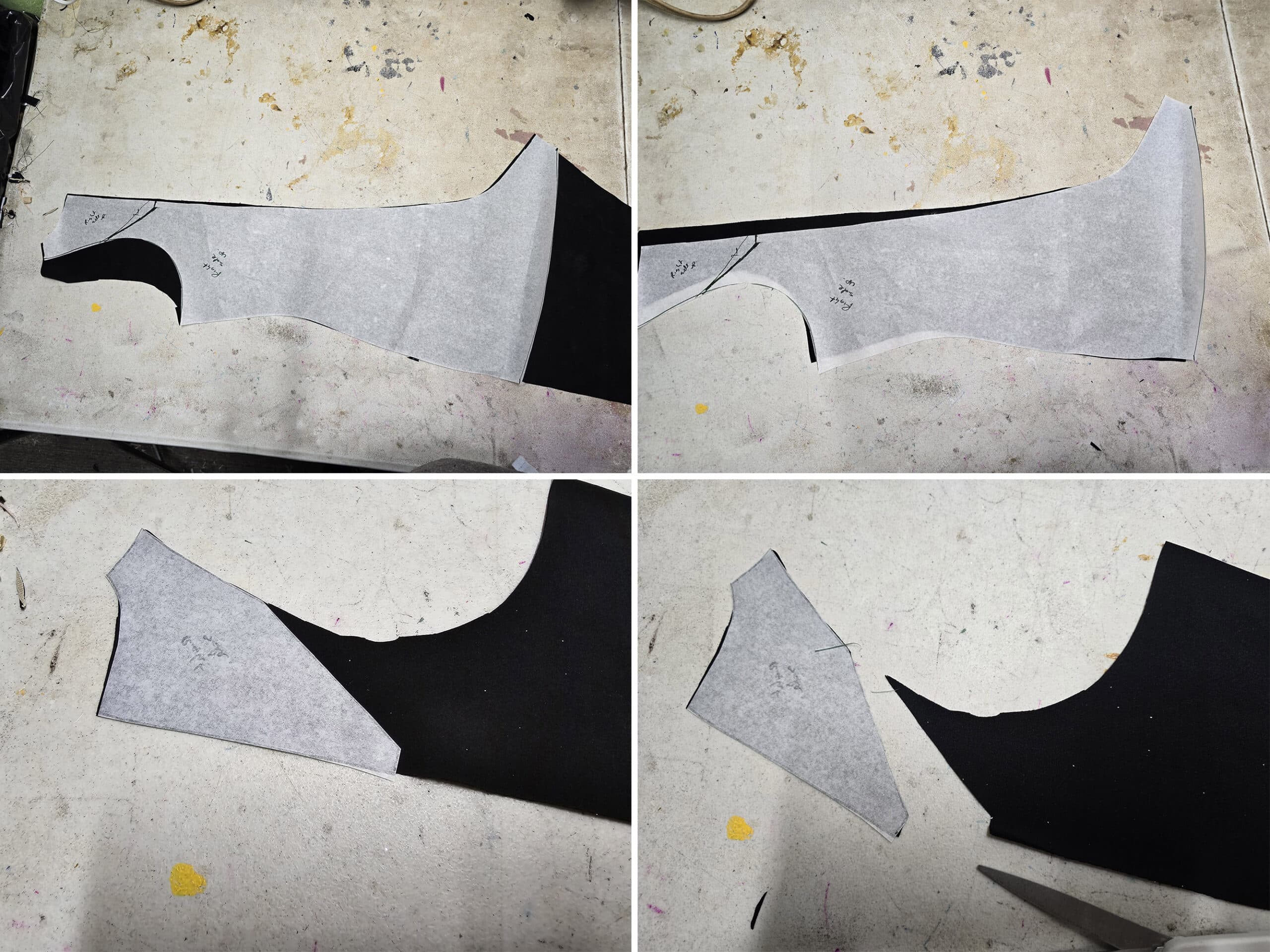 4 part image showing the back yoke pieces being used to cut the main body fabric.