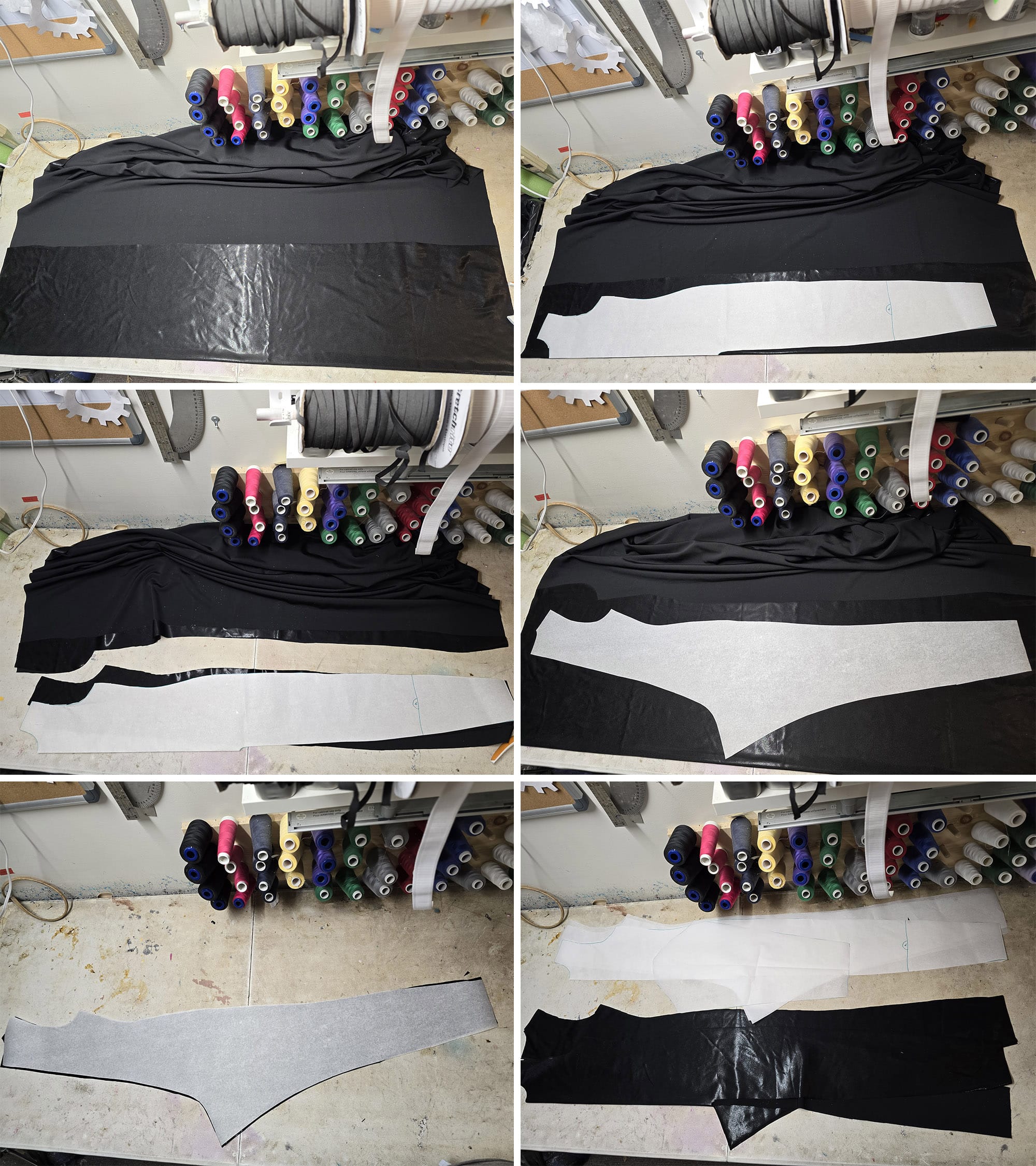 6 part image showing the lining pieces being bonded to the wrong side of shiny black fabric and cut out.