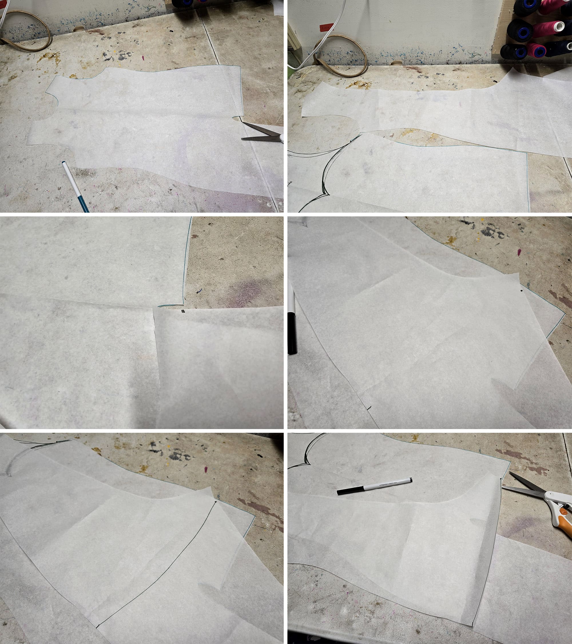 6 part image showing the leg alterations being made to the base pattern.