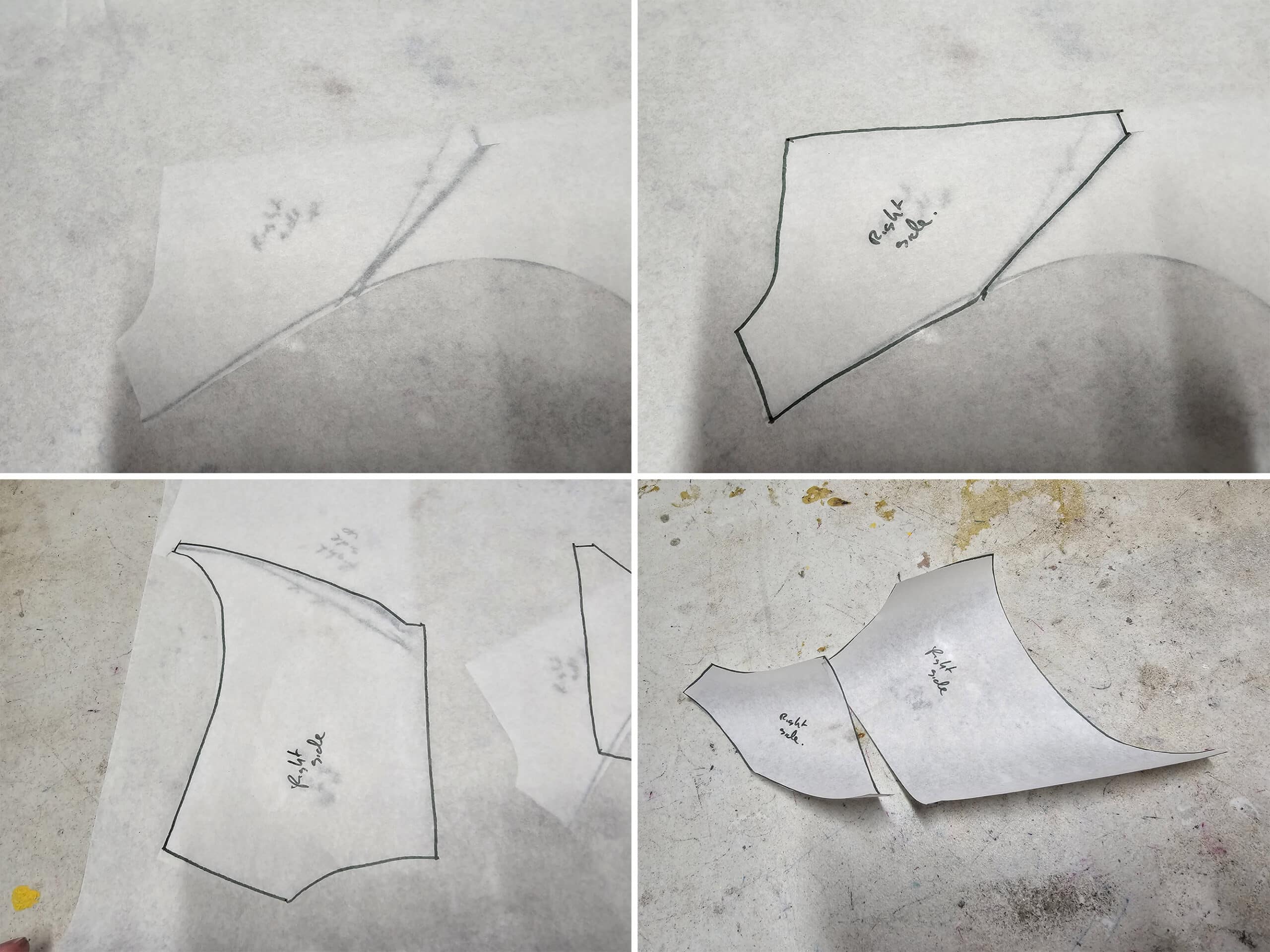 4 part image showing the pattern pieces for the back mesh areas being traced, labeled, and cut out.