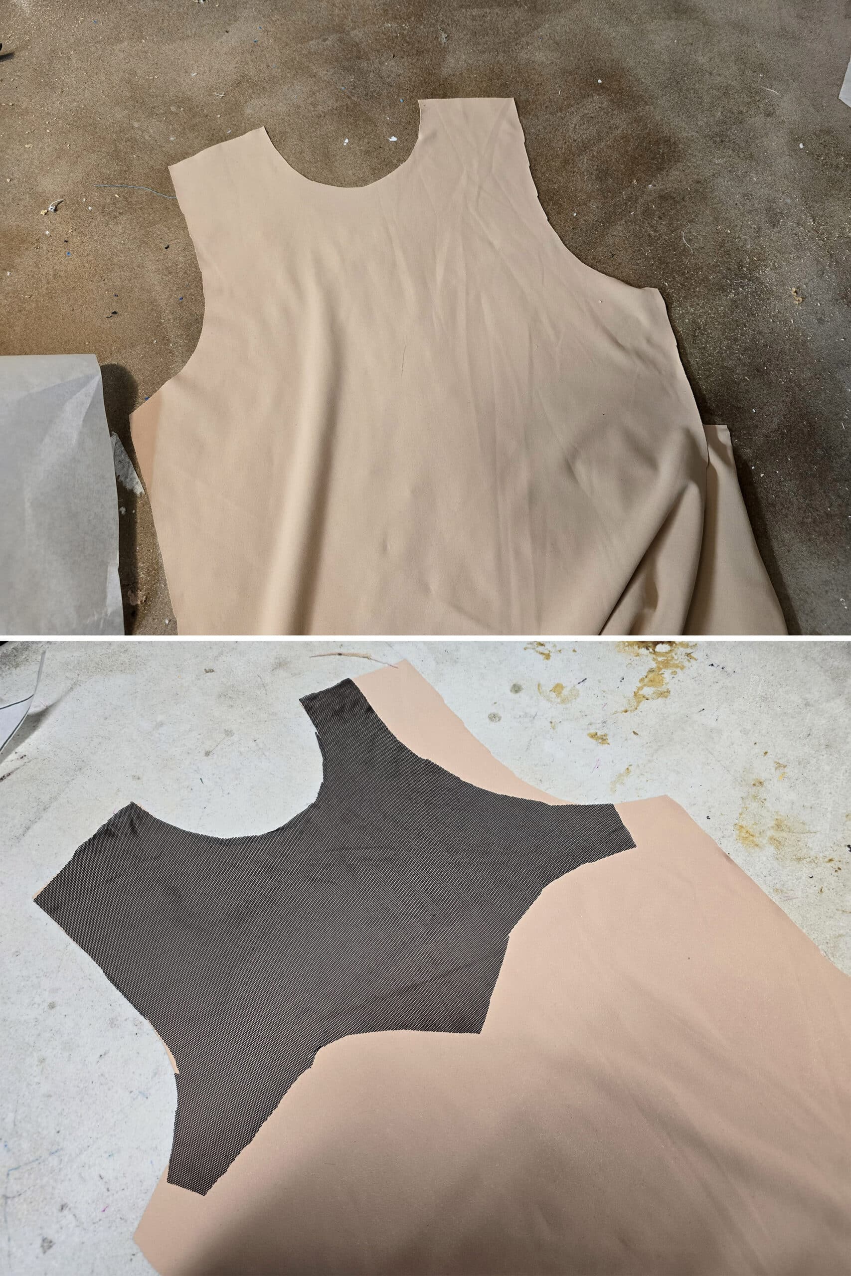 2 part image showing the front mesh part being glued to the lining.