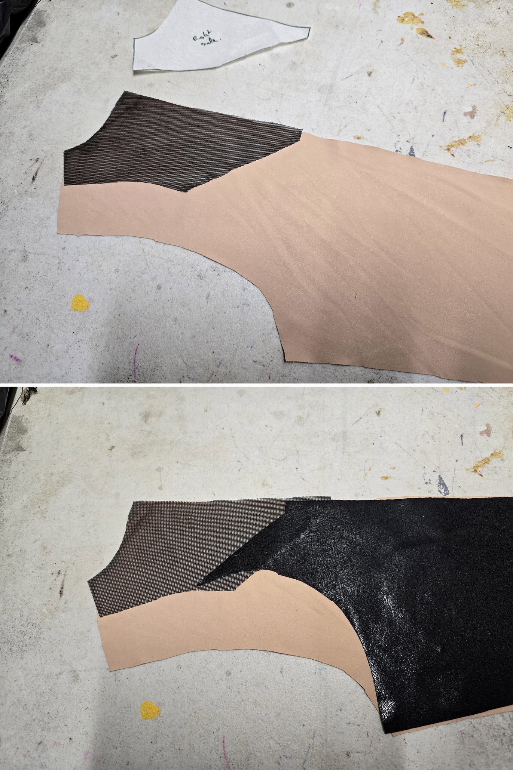 2 part image showing the left back mesh and main body fabric being glued down to the lining piece.