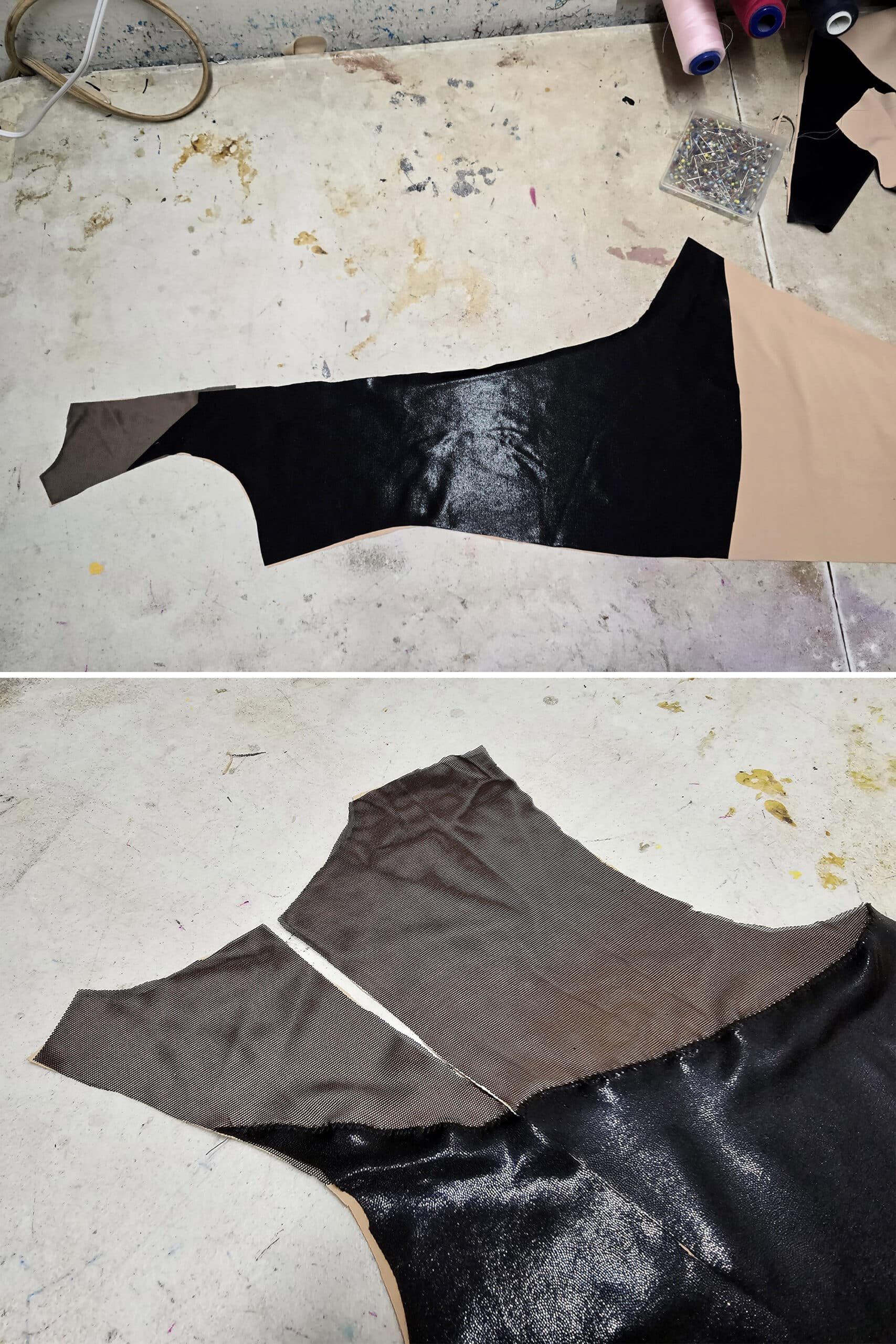 2 part image showing the back pieces after the main body fabric has been sewn down to the mesh and lining.