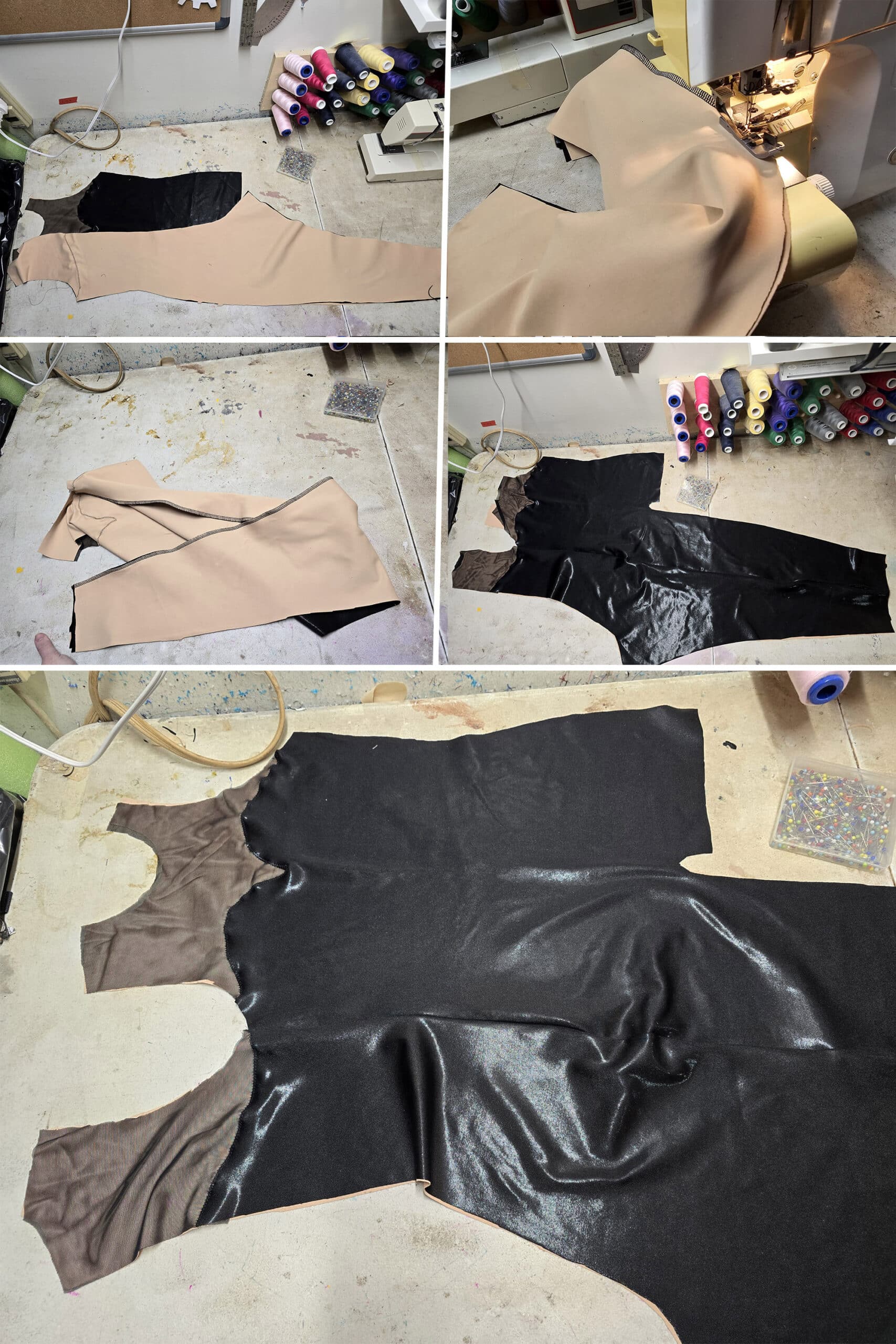 5 part image showing the seam being sewn down the side with the full length leg.