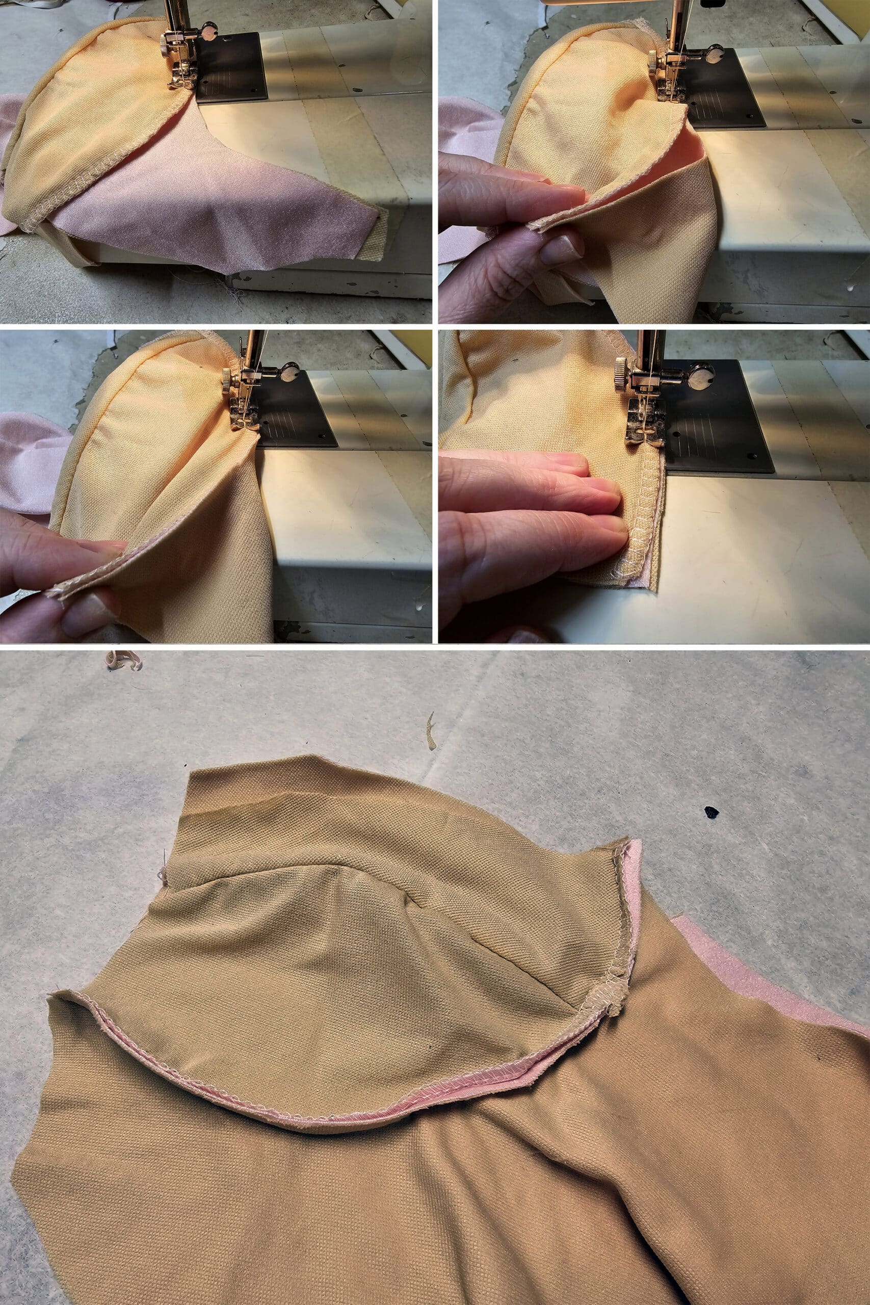 5 part image showing a cup being sewn into the body.