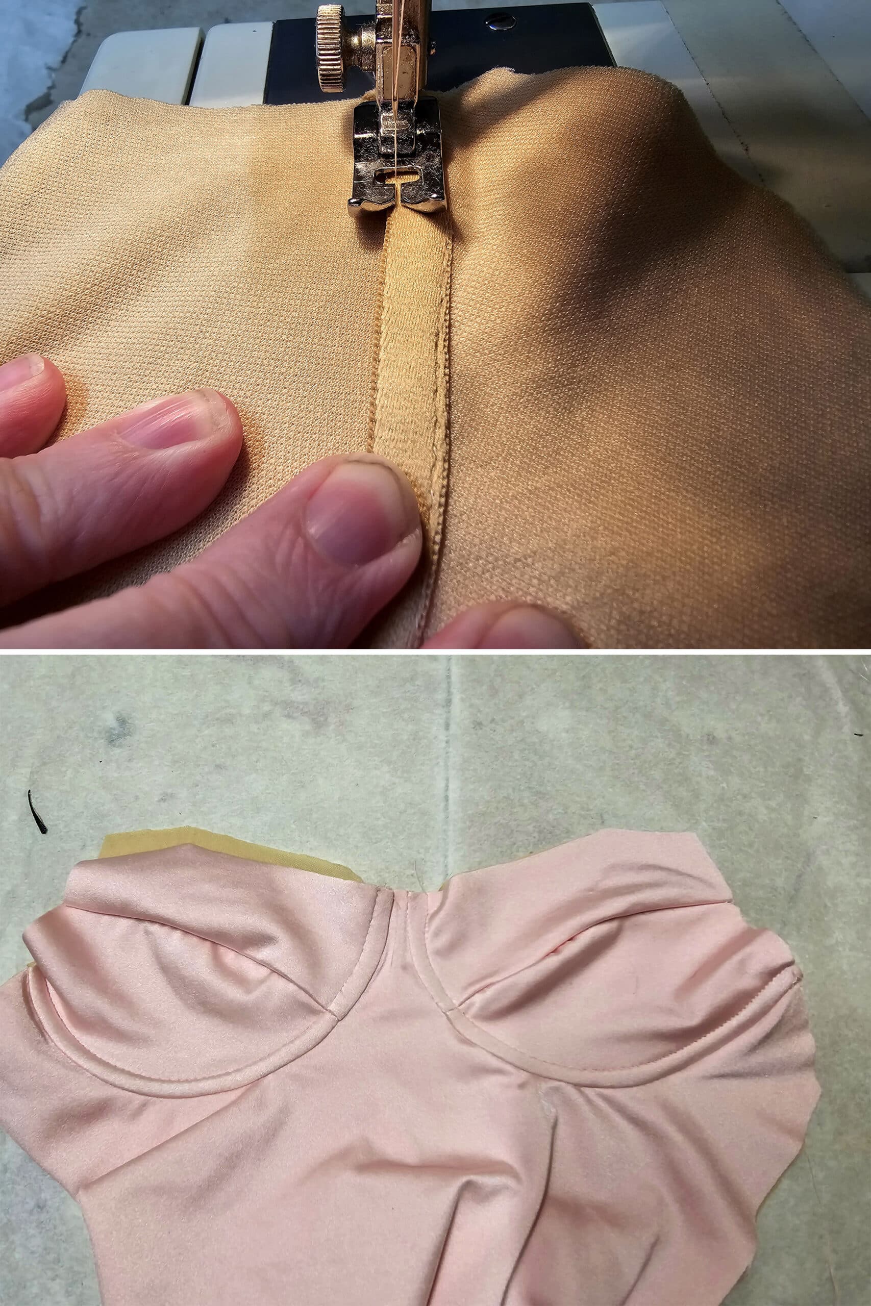 2 part image showing the underwire channeling being stitched down flat.