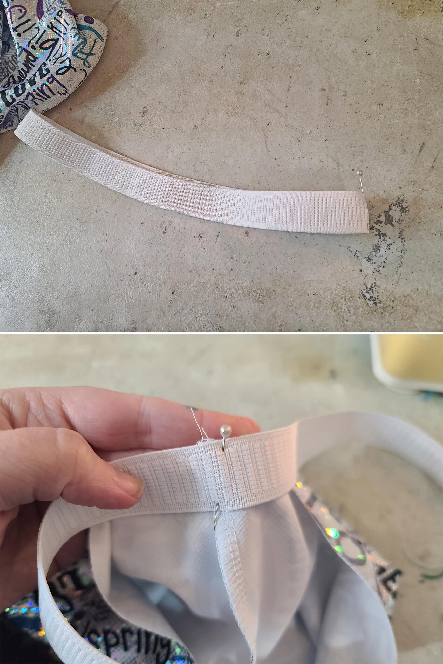 2 part image showing the waist elastic being folded in half, then the fold being pinned to the centre front of the booty shorts.