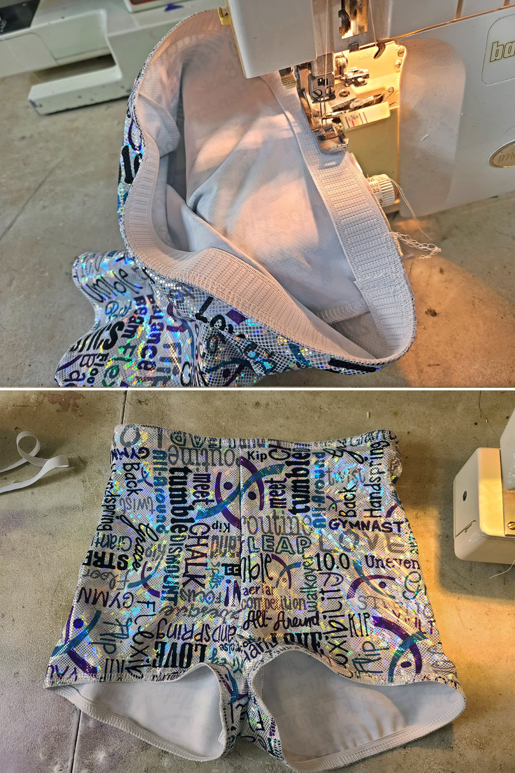 2 part image showing the waist elastic being served onto the booty shorts.