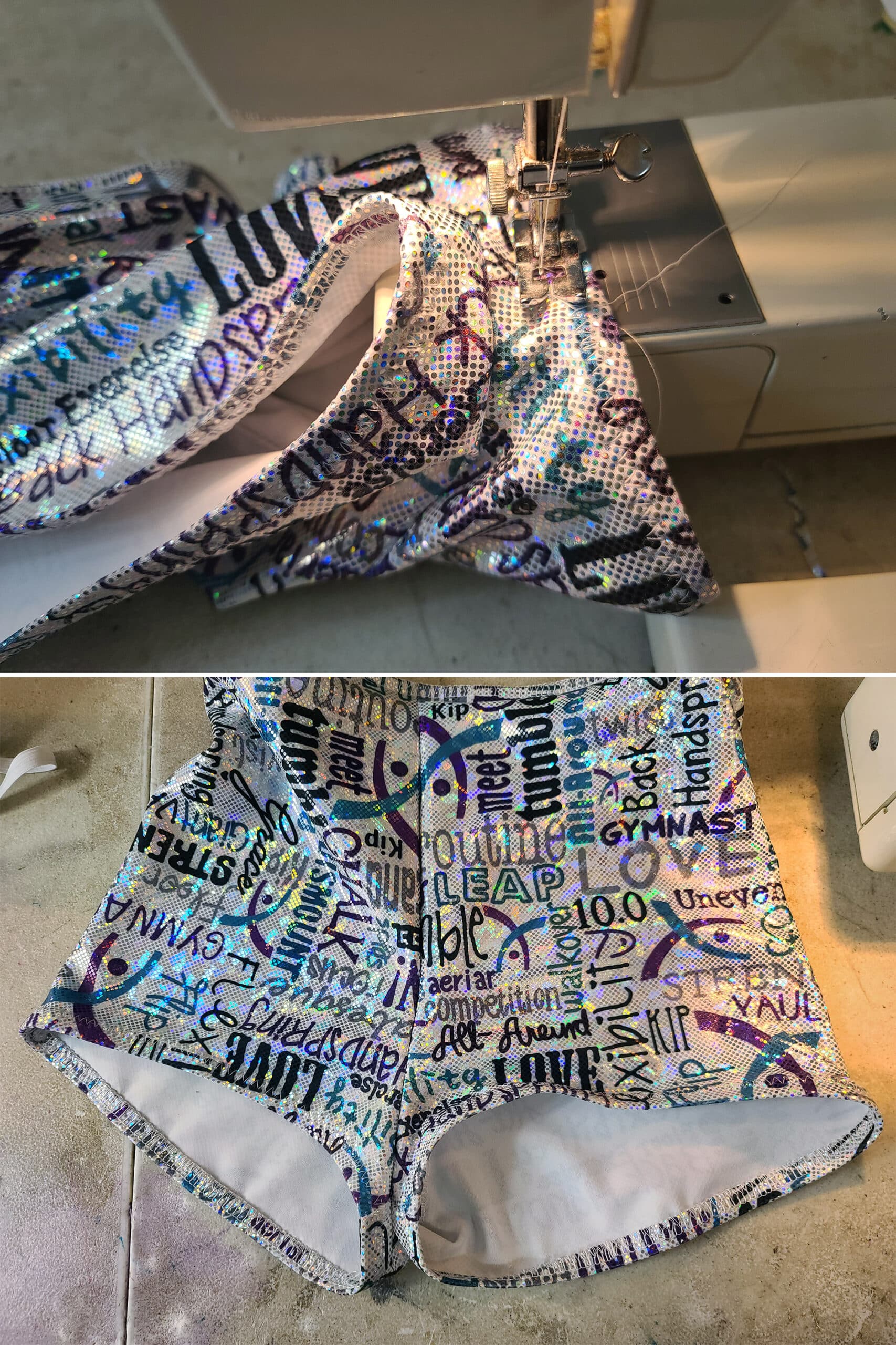 2 part image showing the leg elastic being flipped under and stitched down, then the shorts with both legs finished.