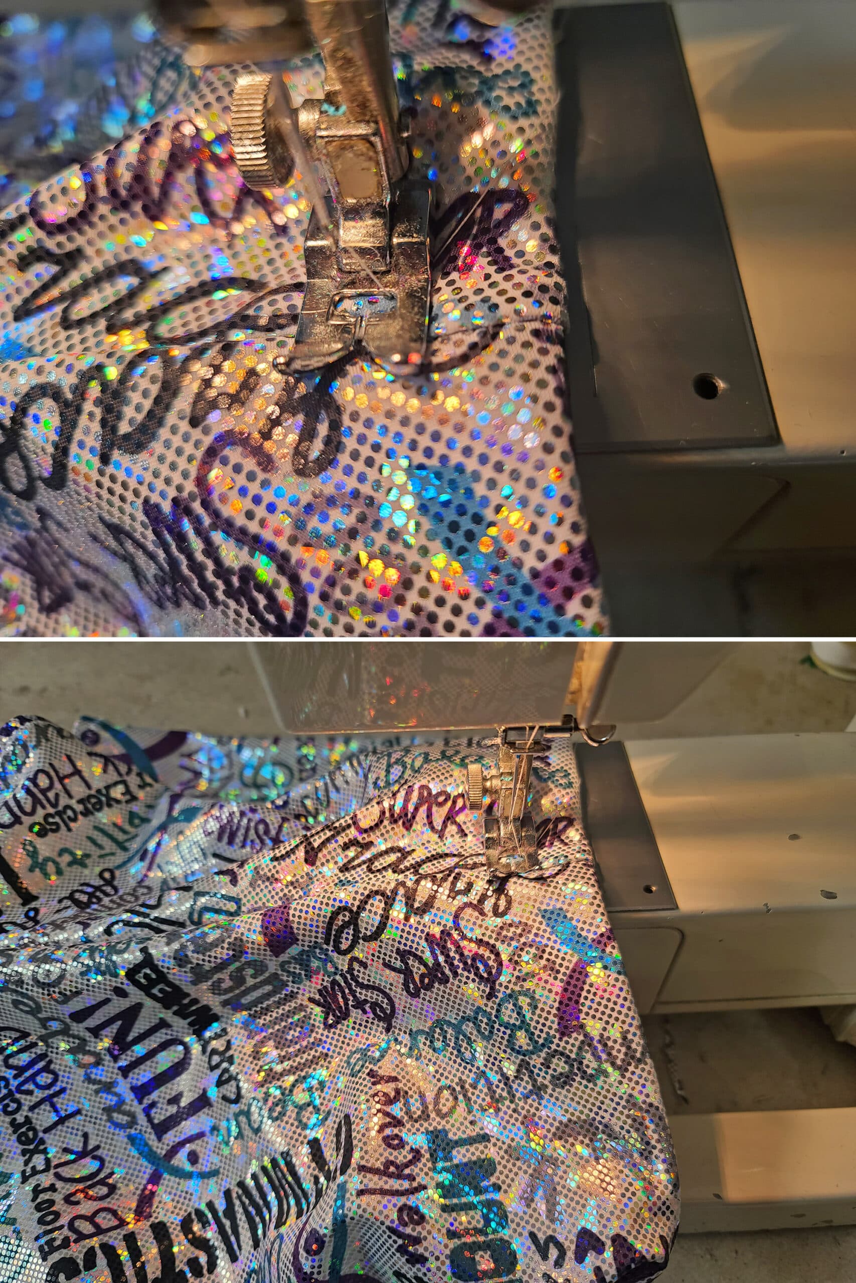 2 part image showing the waistband flipped under and being zig zagged down.