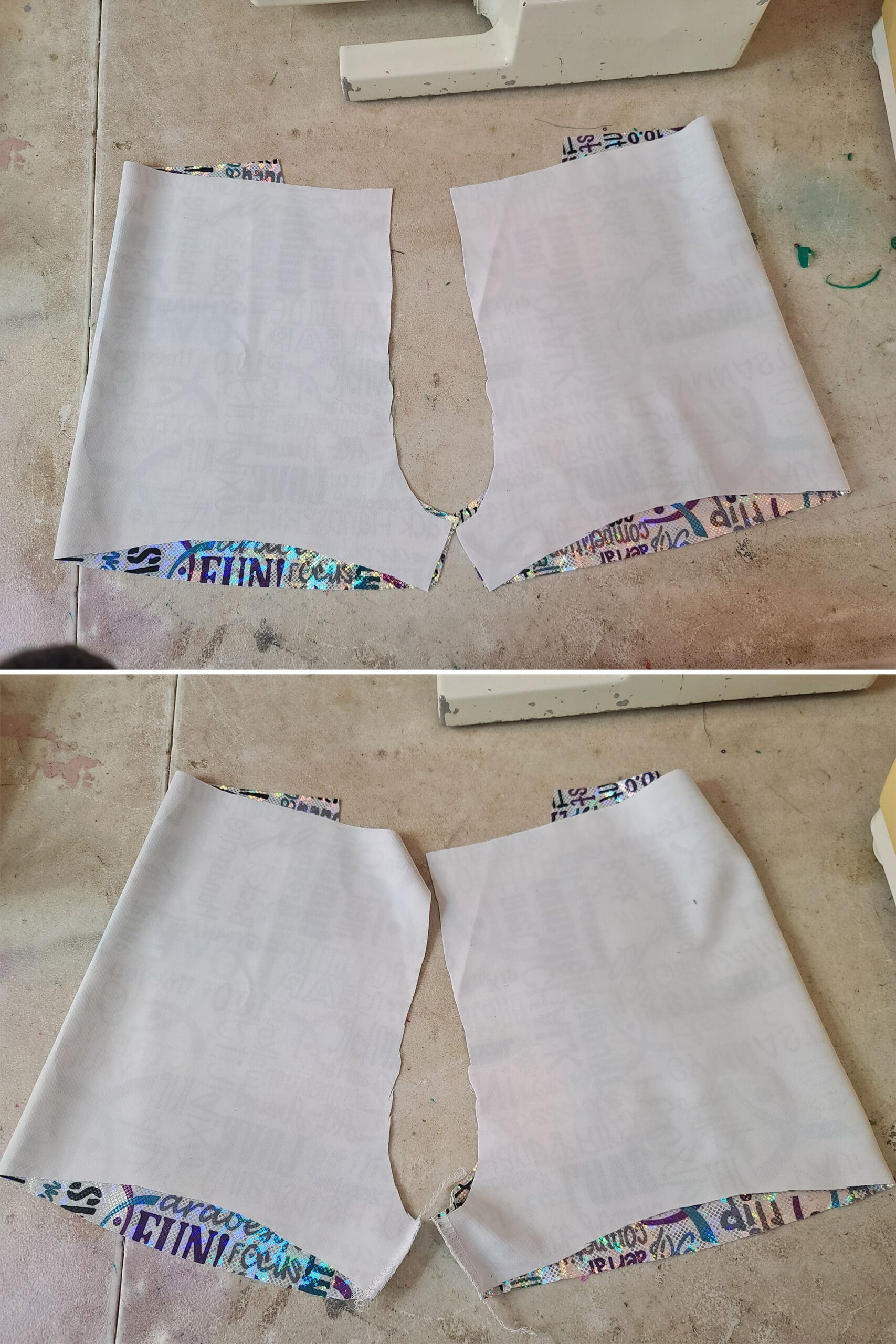 2 part image showing the booty short pieces before and after the inseams are sewn.