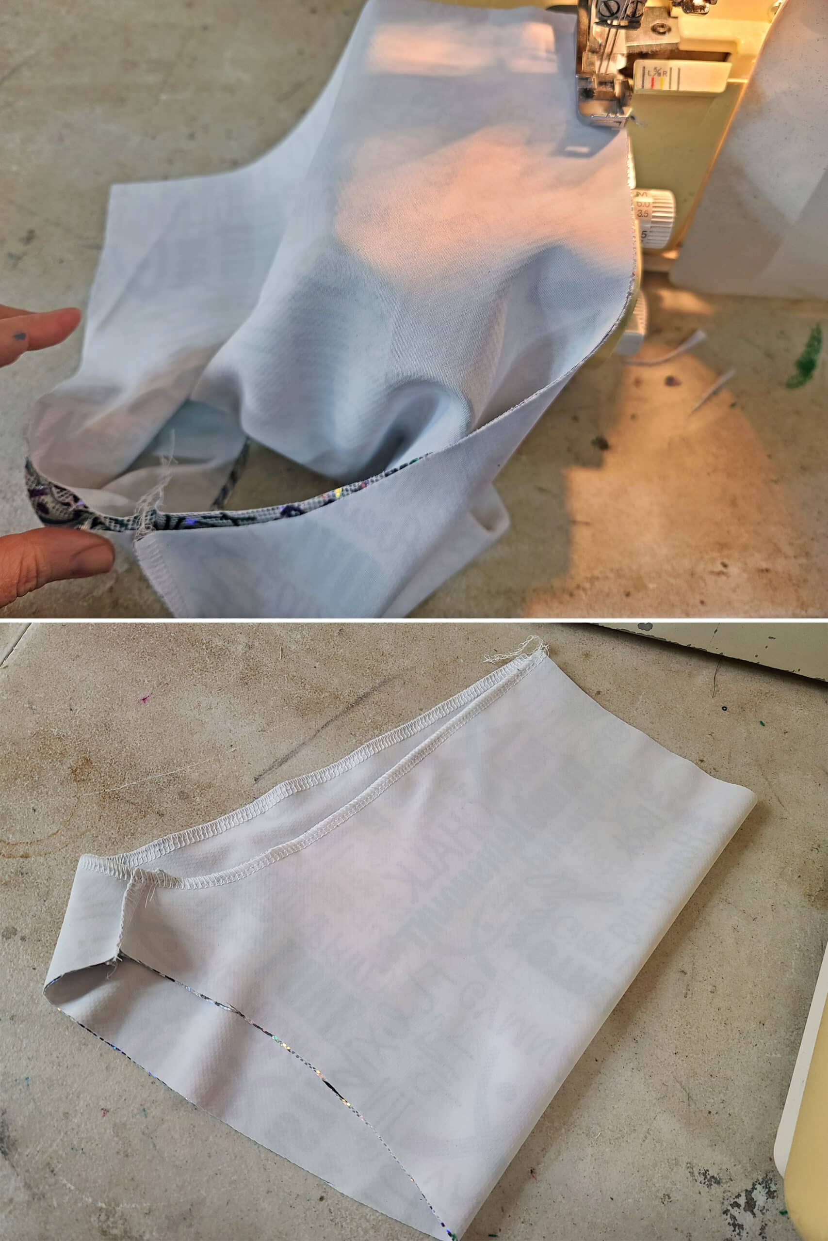 2 part image showing both sides of the booty shorts being sewn together.