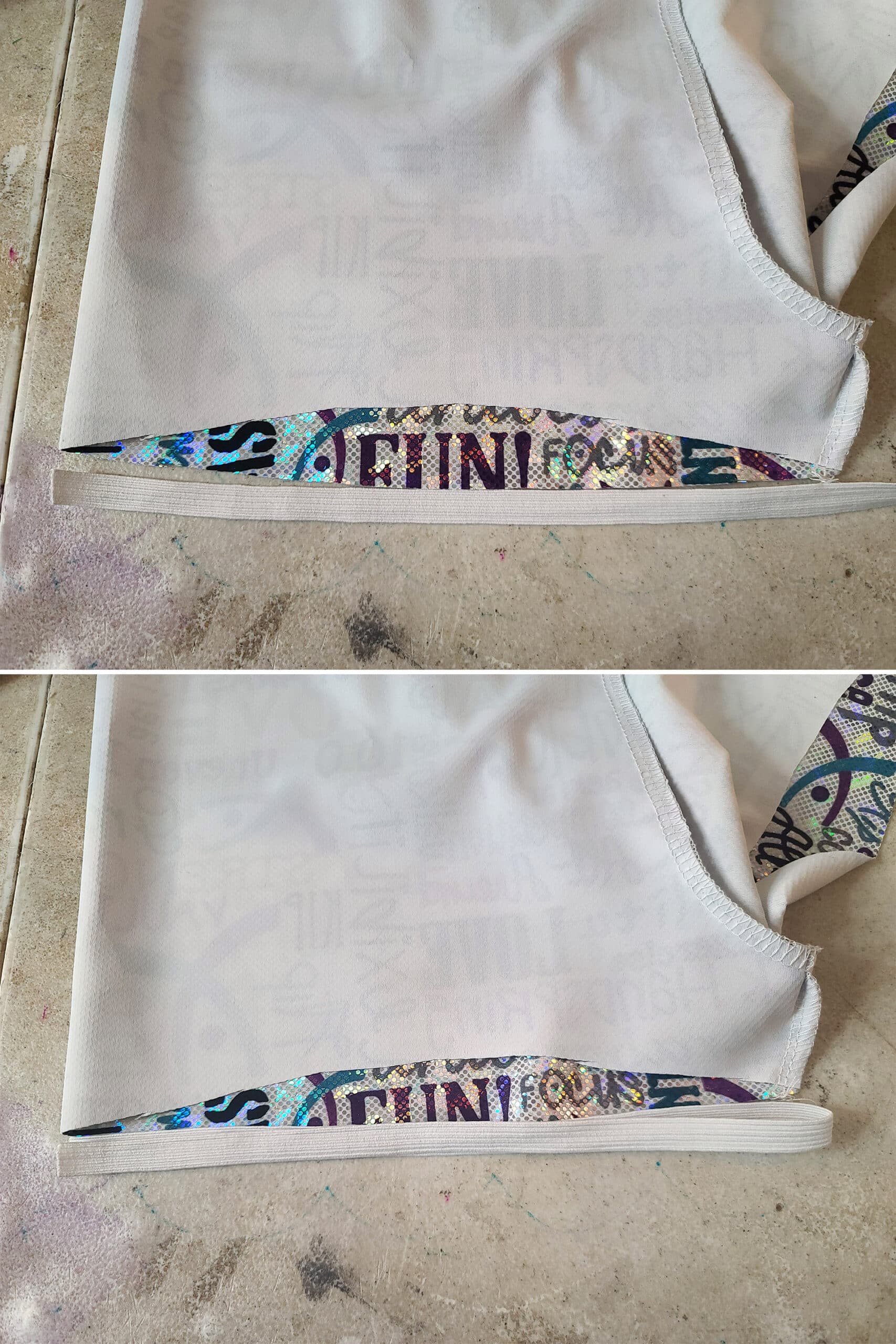 2 part image showing three eighths inch elastic being measured against the leg openings of the booty shorts.