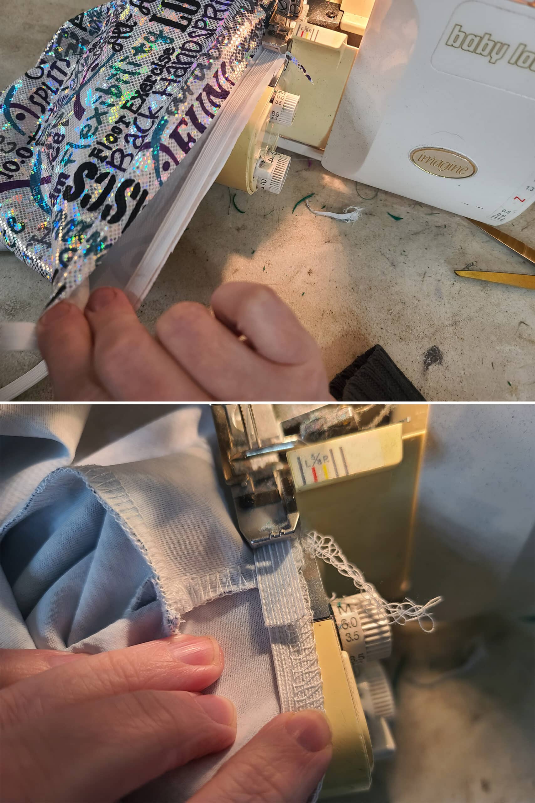 2 part image showing elastic being sewn into the leg openings of the booty shorts.