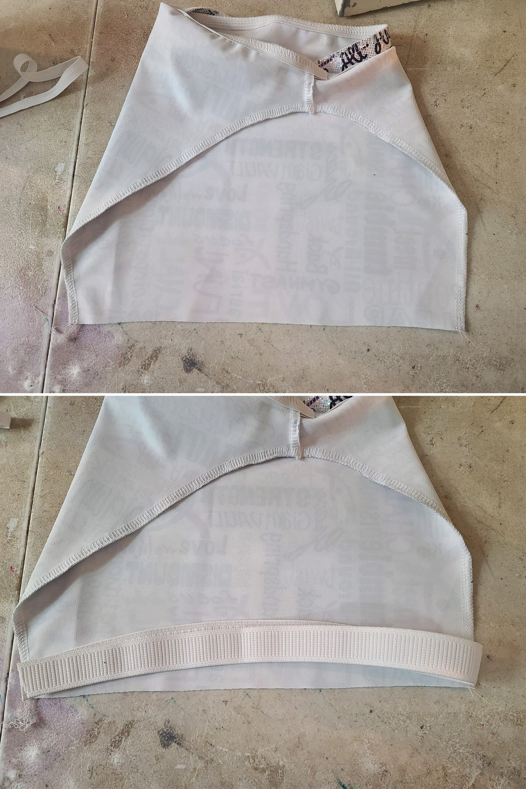 2 part image showing 1 inch wide waistband elastic being measured against the waist of the booty shorts.