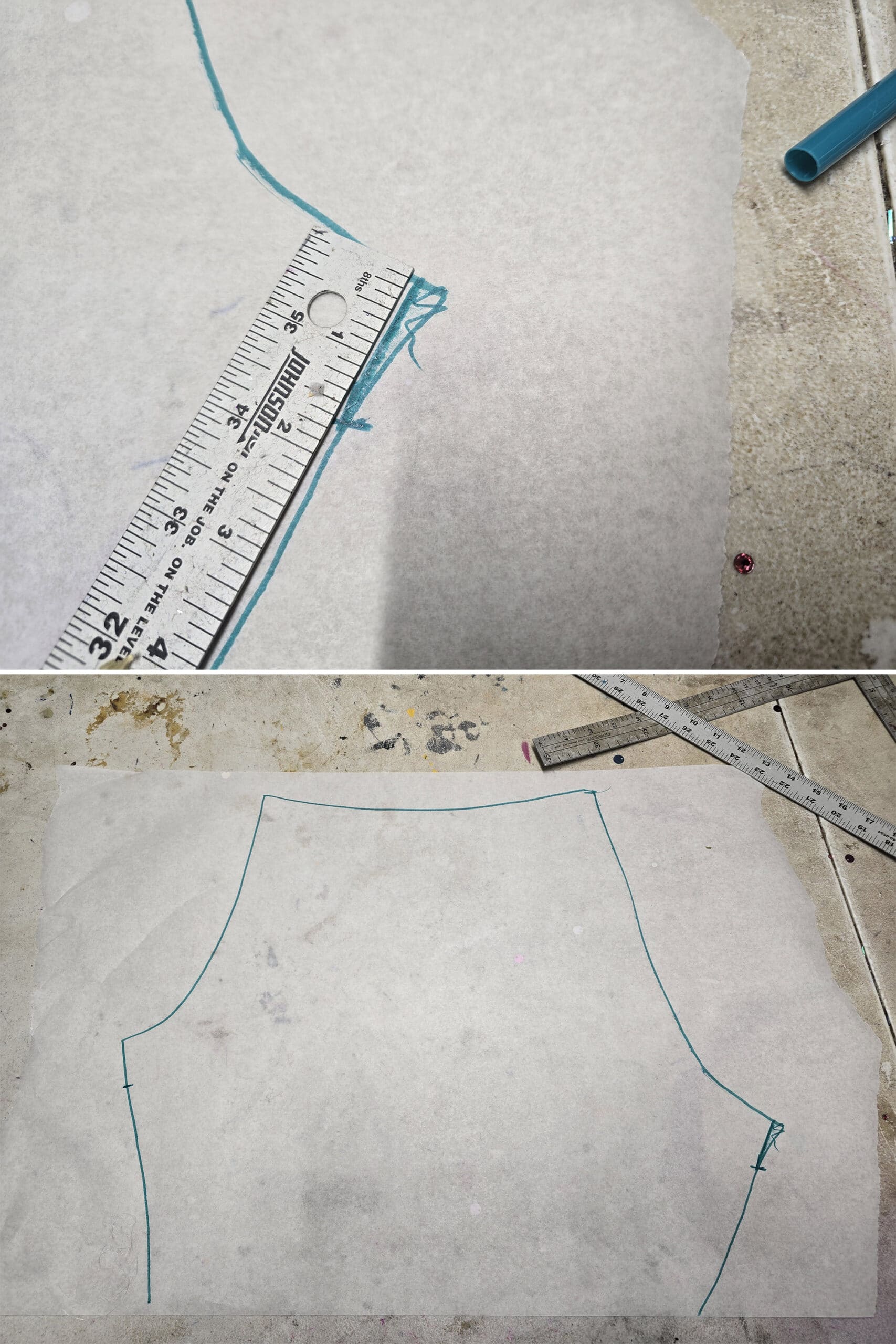 2 part image showing length markets being added an inch and a half below the crotch corners on the shorts pattern