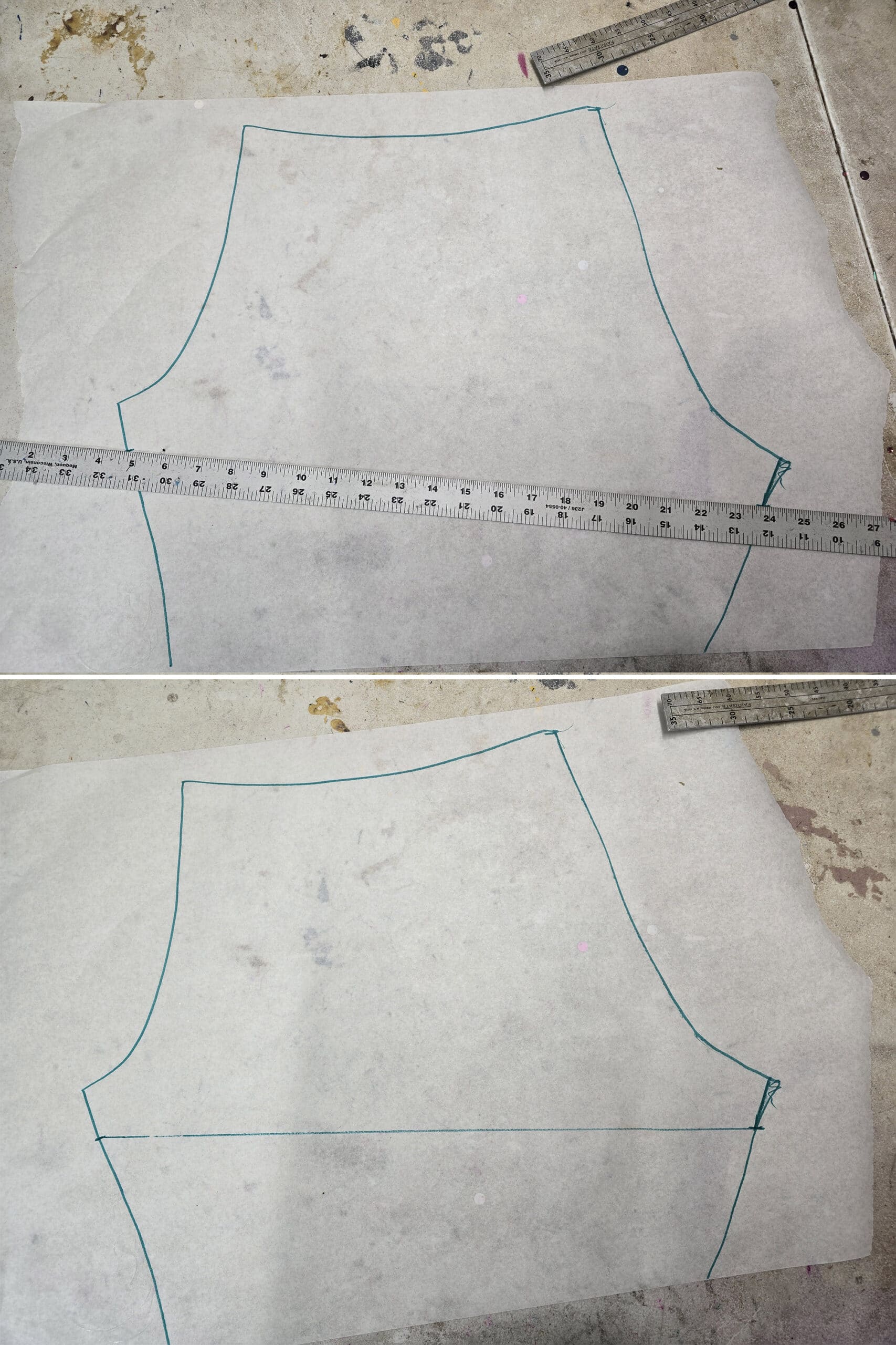 A yard stick being used to draw a line for the start of the new hem.