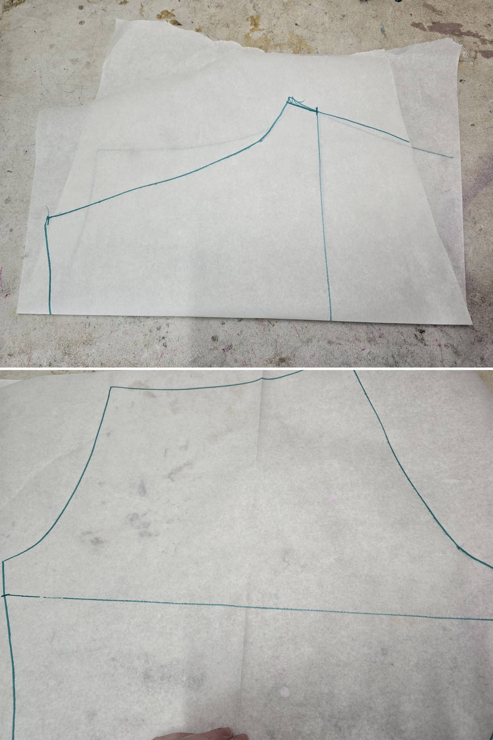 The base shorts pattern being folded in half, so the tops of the inseam edges touch.