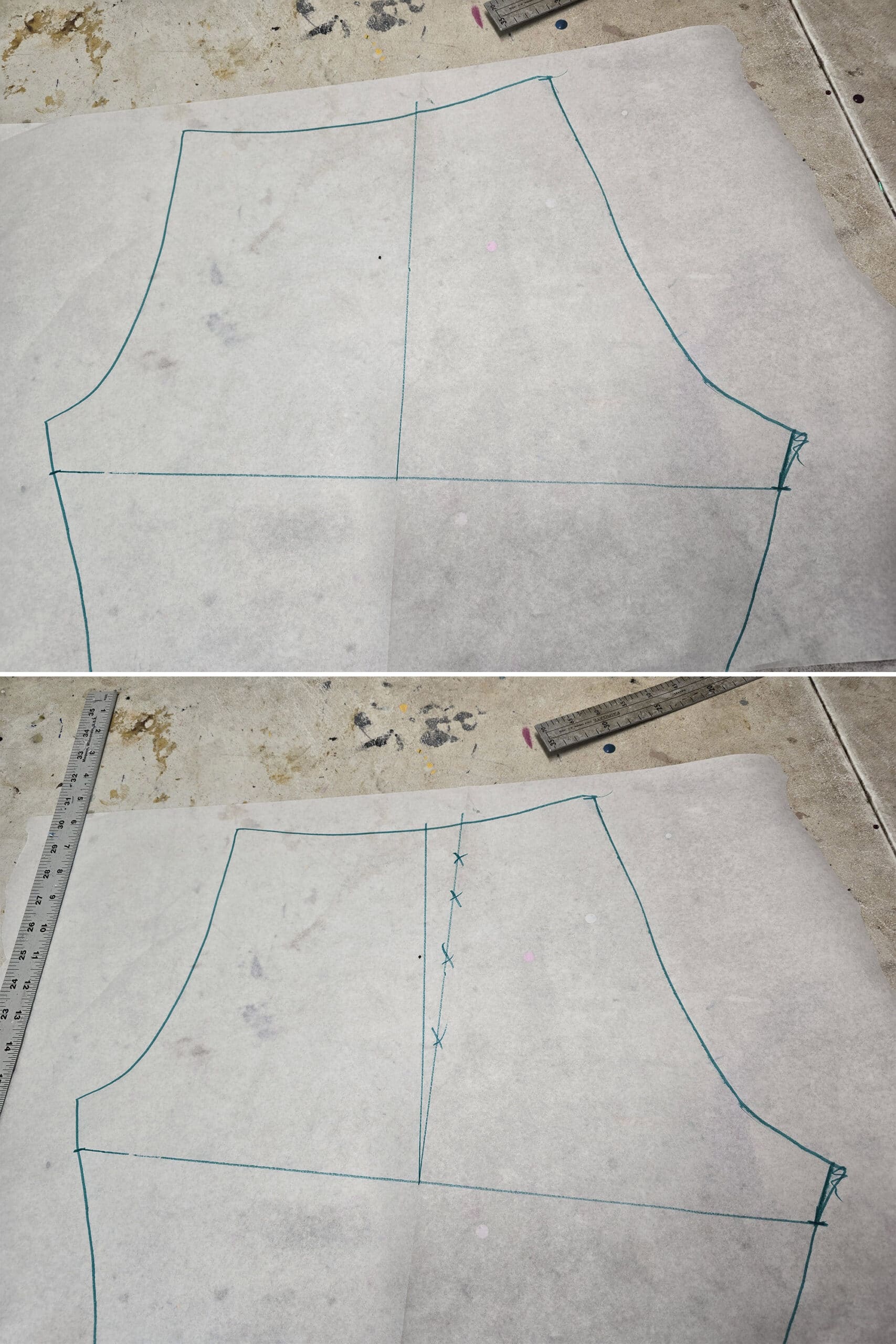 2 part image showing a square rule being used to re draw the side seam.