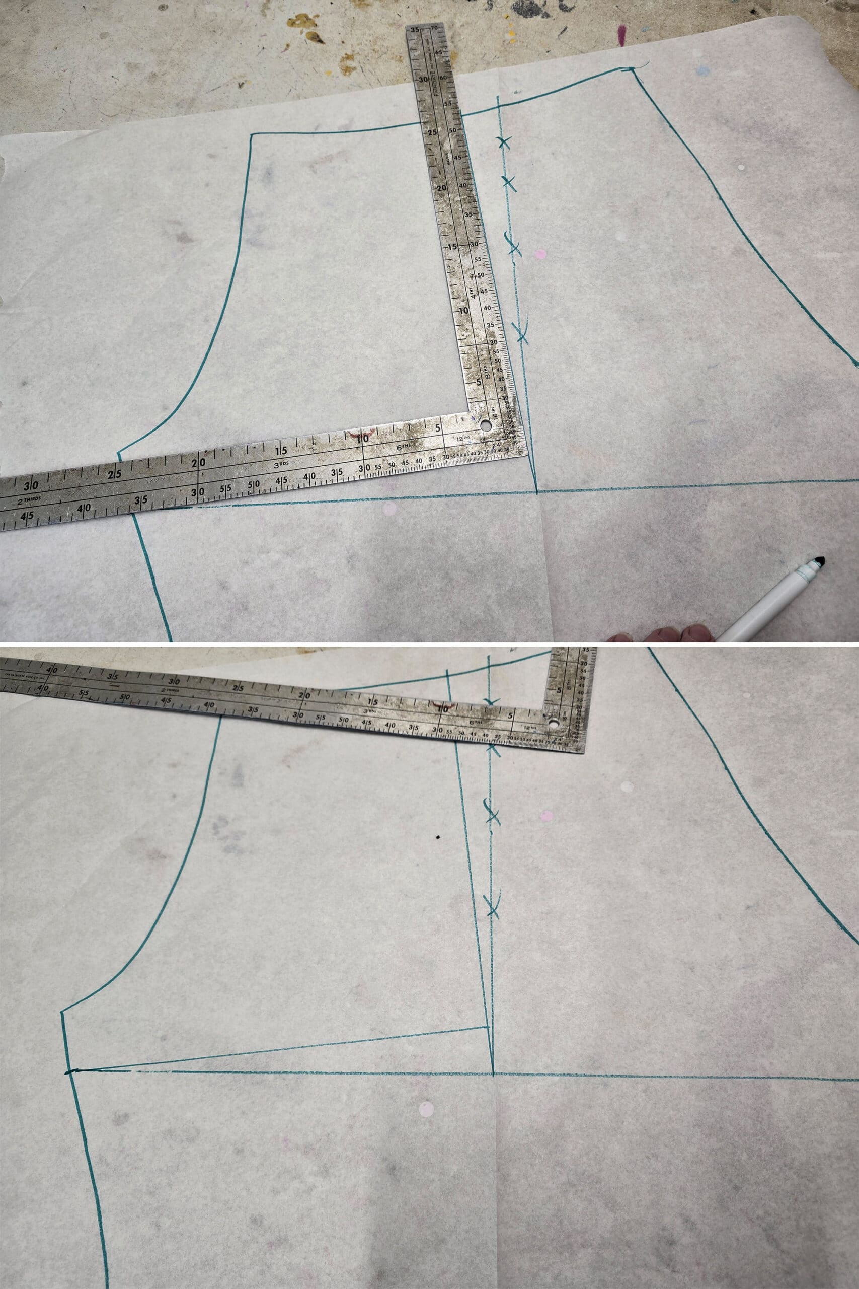 A square rule being used to re-draw the leg seam.