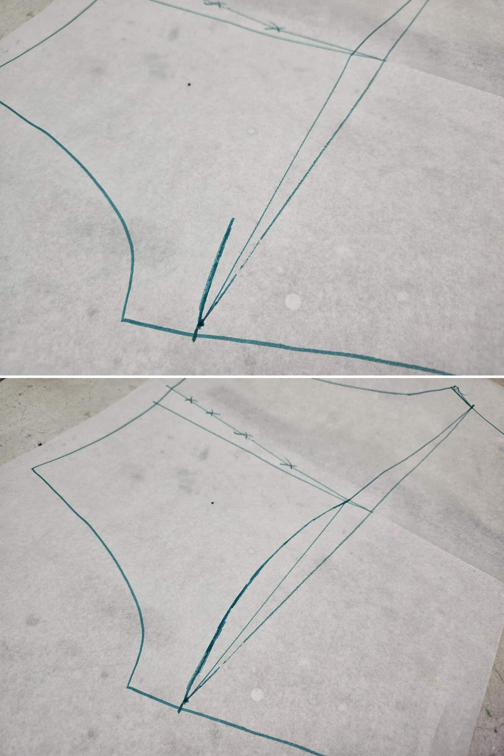 2 part image showing the front leg curve being redrawn on the booty shorts pattern.