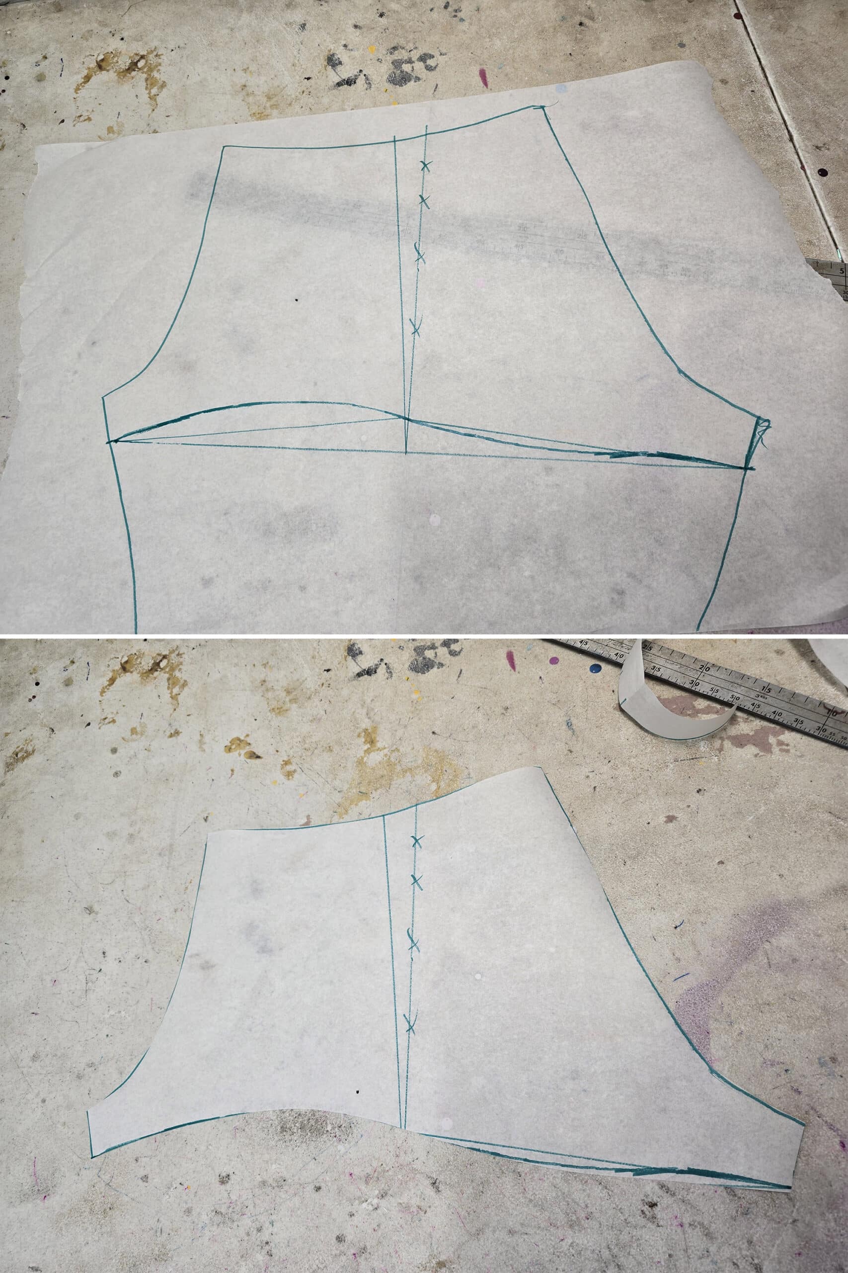 2 part image showing the new booty shorts pattern being cut out.