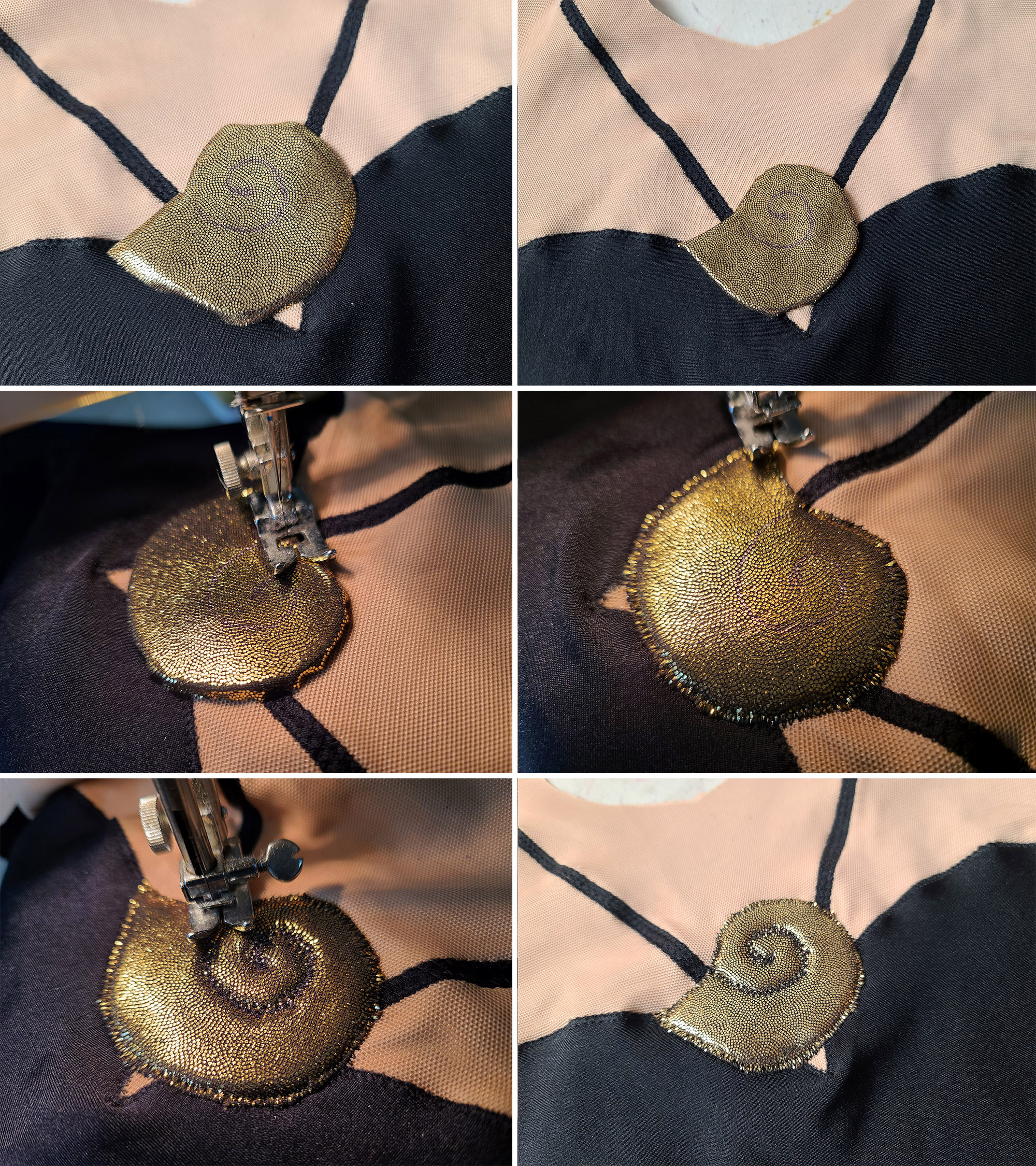 6 part image showing a gold shell padded applique being sewn onto the bodice, as a pendant.