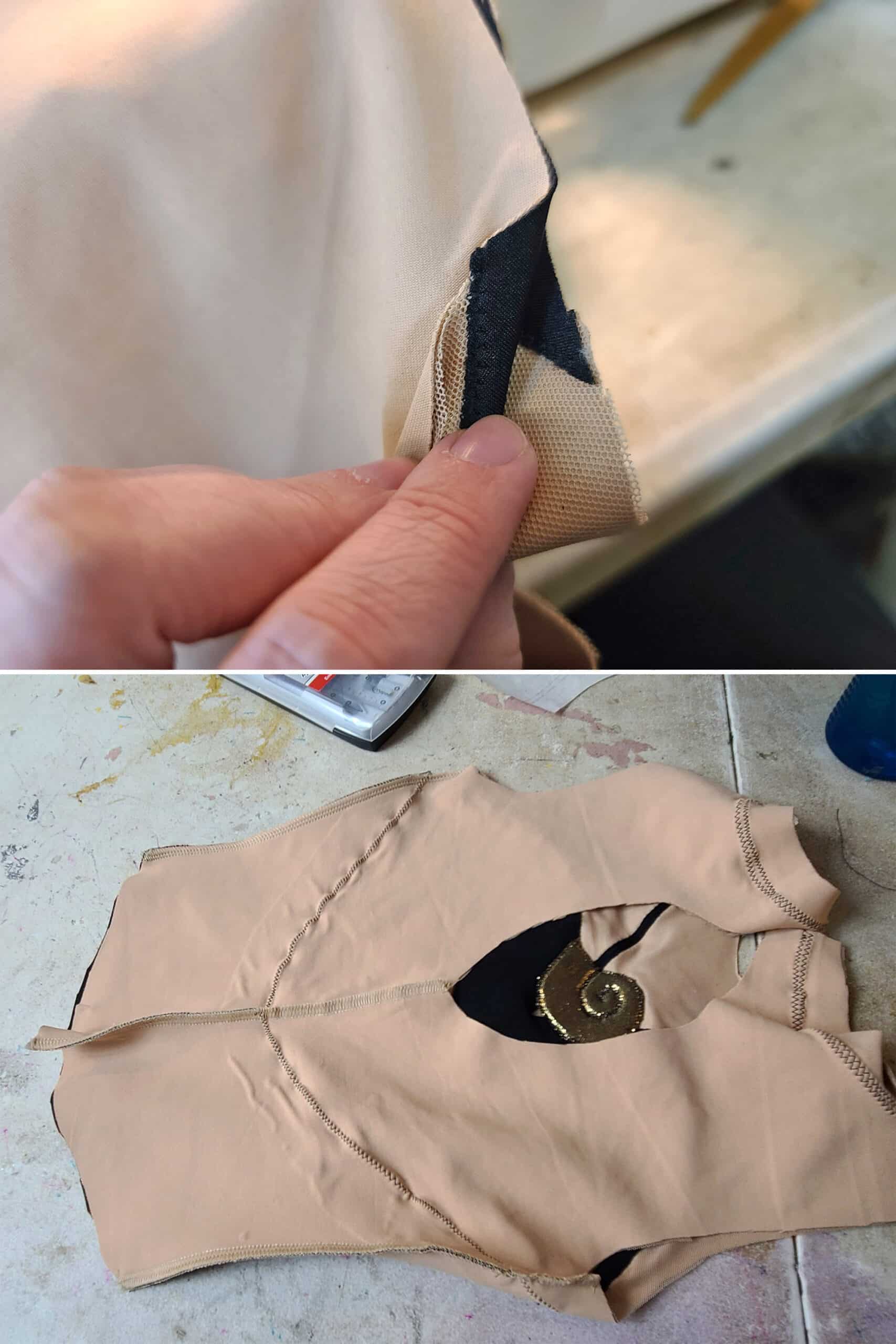 2 part image showing the side seams of the bodice lined up and being stitched together.